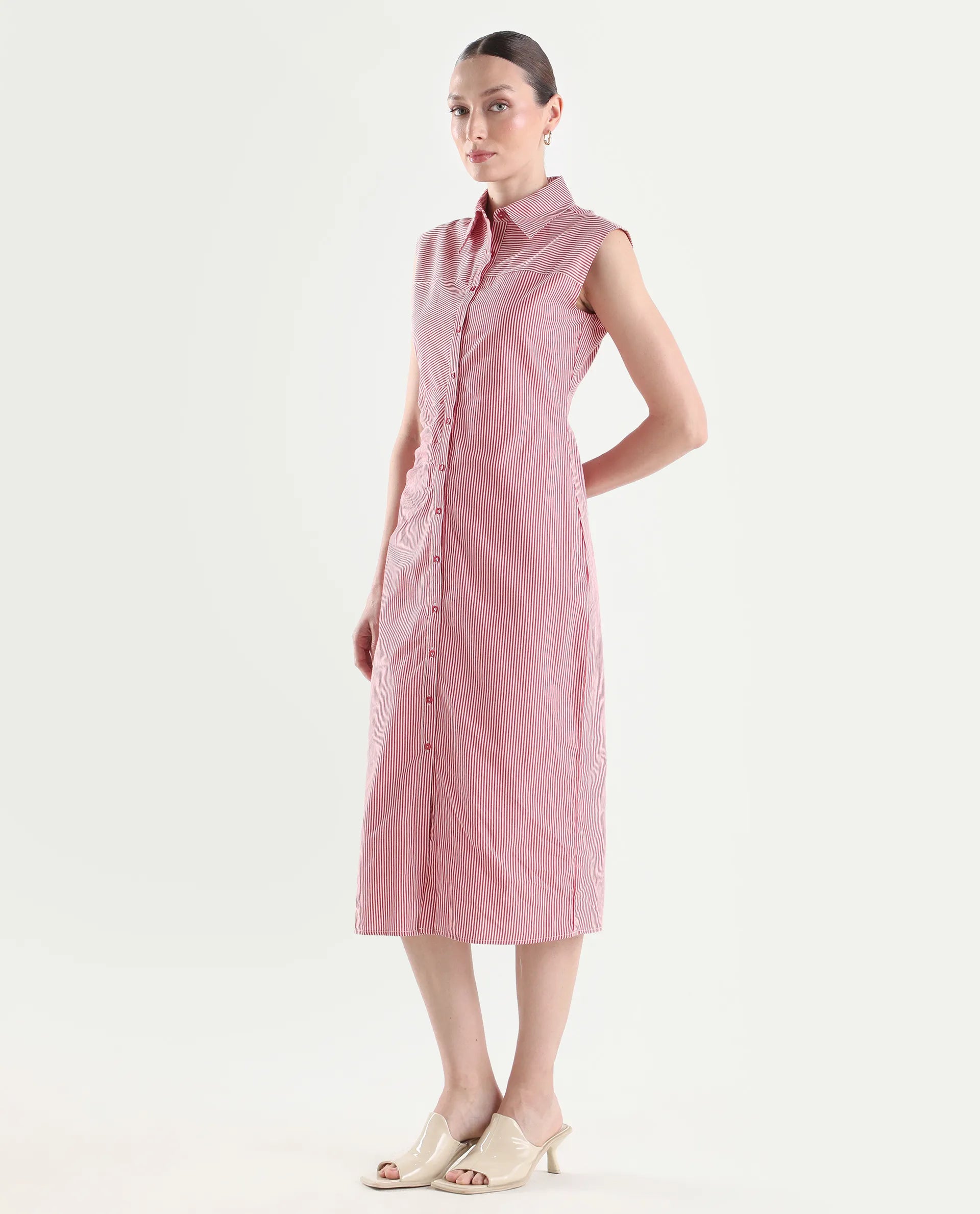 Rareism Women's Avoca Red Cotton Half Sleeve Fitted Striped Dresas