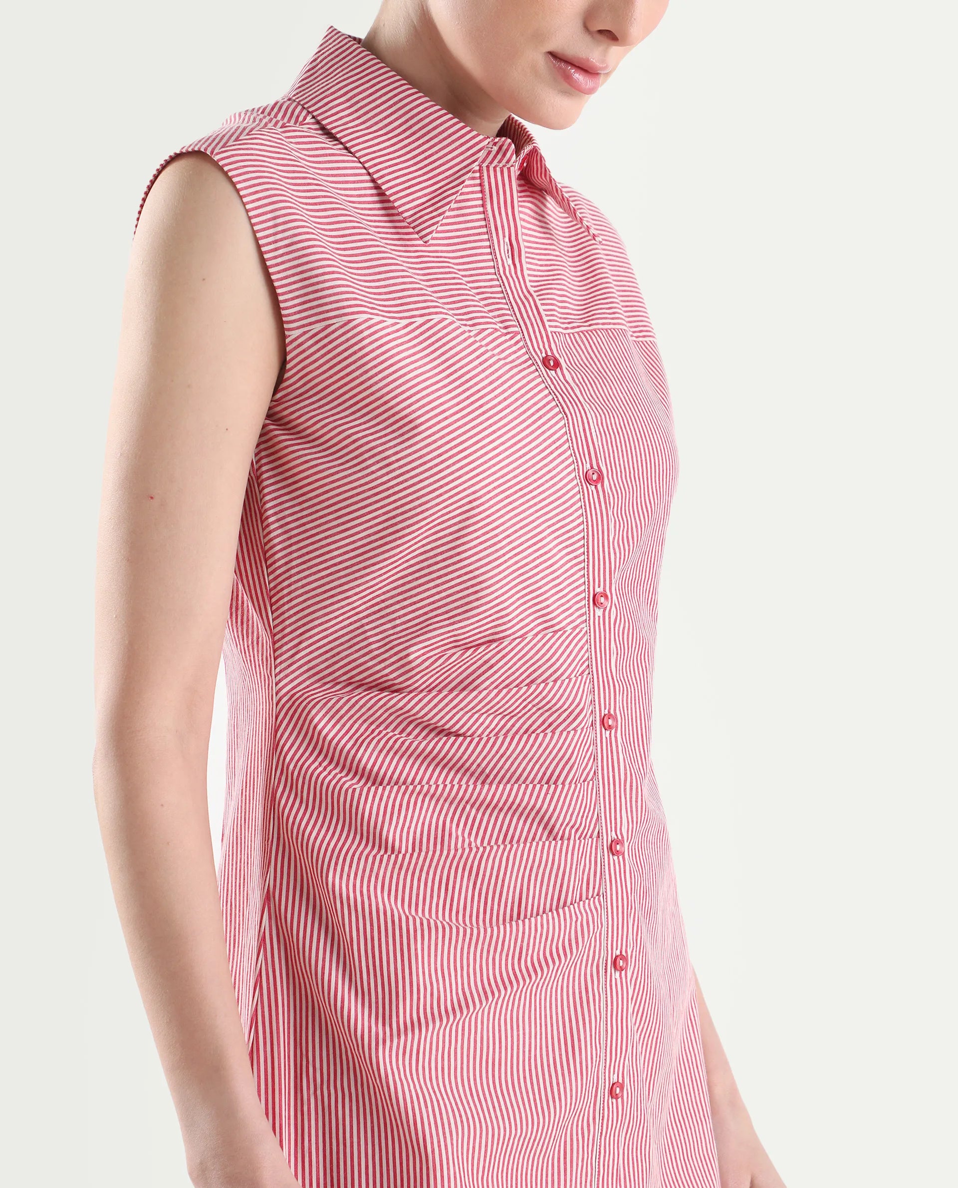 Rareism Women's Avoca Red Cotton Half Sleeve Fitted Striped Dresas