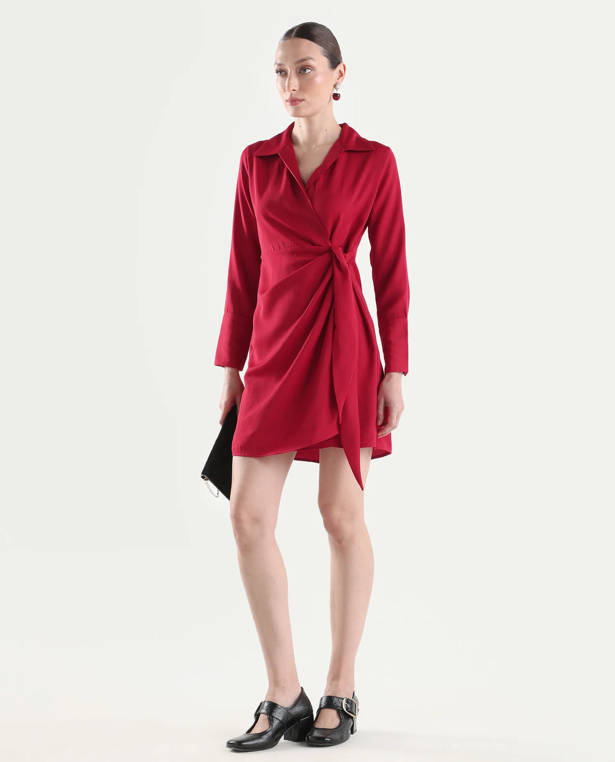 Rareism Women's Axela Red Polyester Full Sleeve Wrap Plain Dress