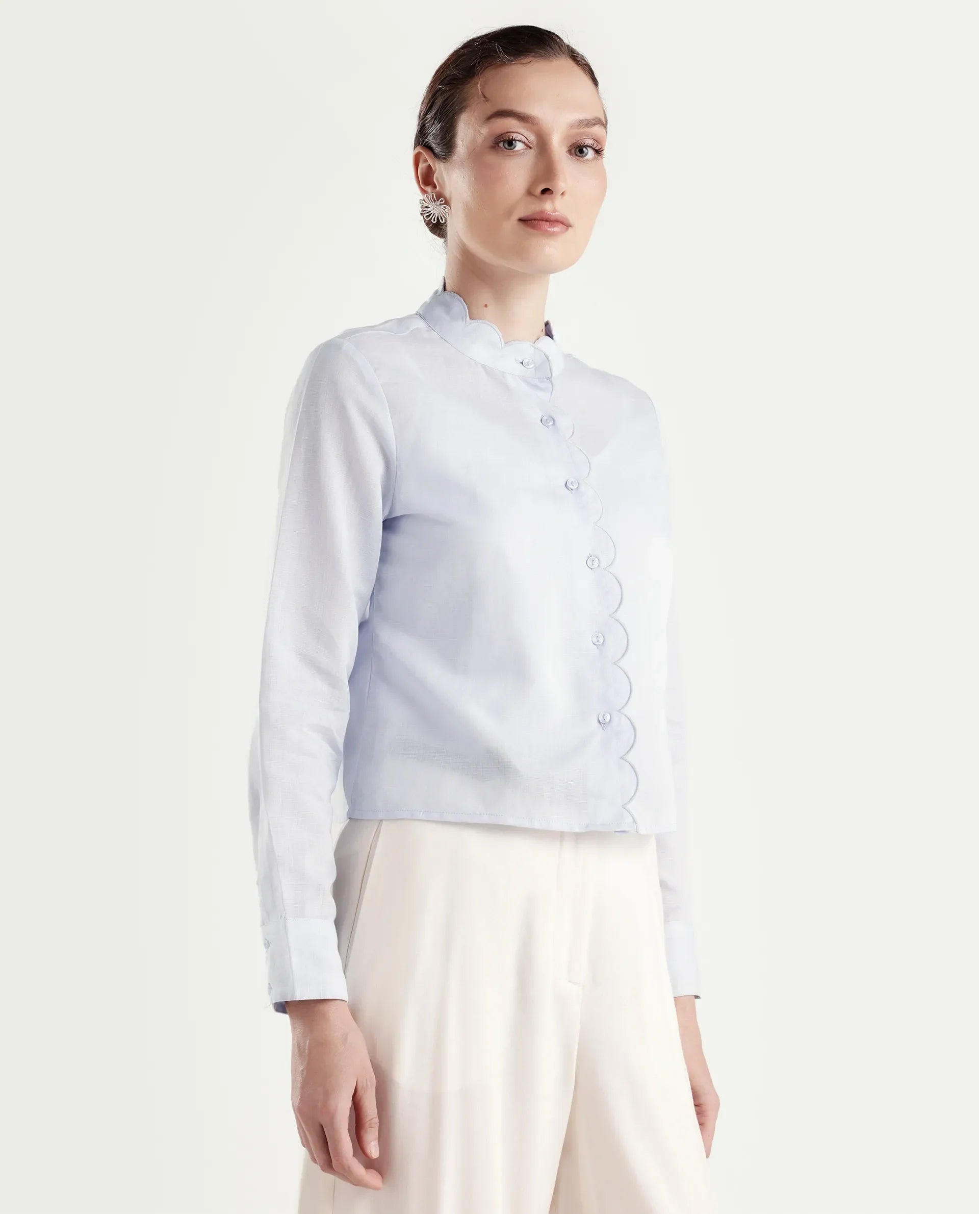 Rareism Women's Azali Light Blue Linen Blend Full Sleeve Regular Fit Plain Shirt