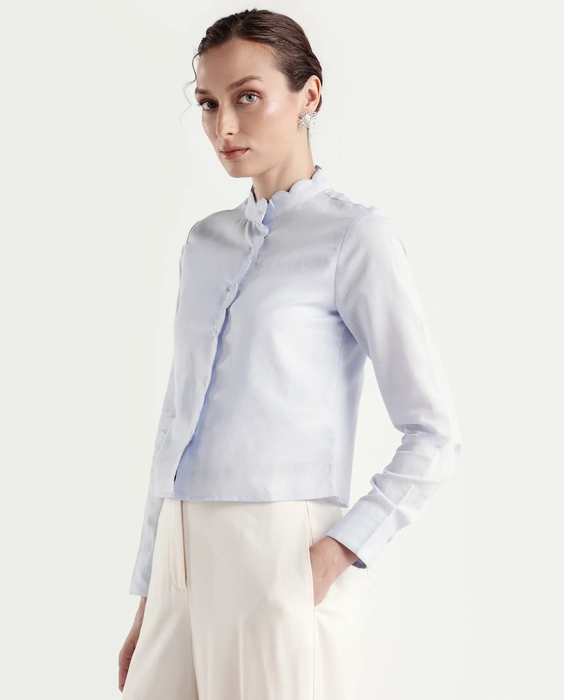 Rareism Women's Azali Light Blue Linen Blend Full Sleeve Regular Fit Plain Shirt