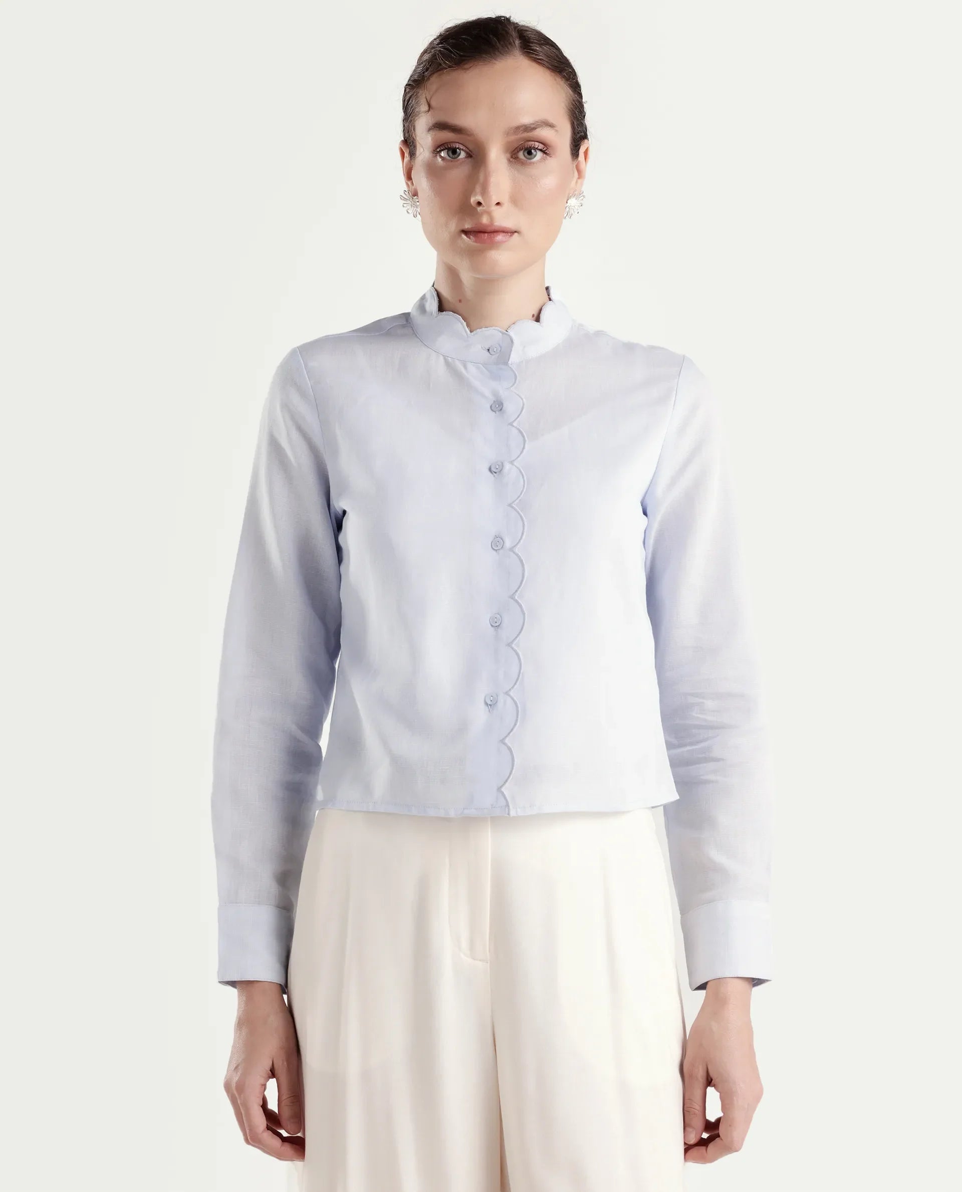 Rareism Women's Azali Light Blue Linen Blend Full Sleeve Regular Fit Plain Shirt