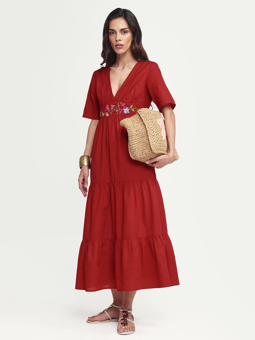 Rareism Women's Aziel Red Cotton Half Sleeve Fit And Flare Plain Dress