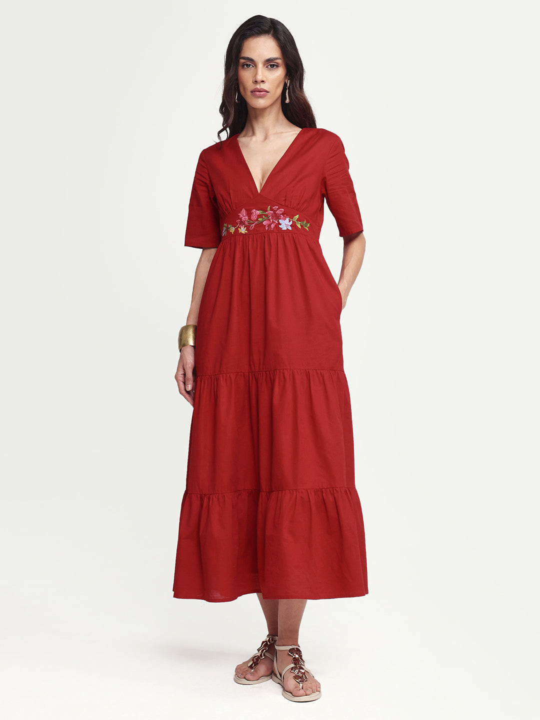 Rareism Women's Aziel Red Cotton Half Sleeve Fit And Flare Plain Dress