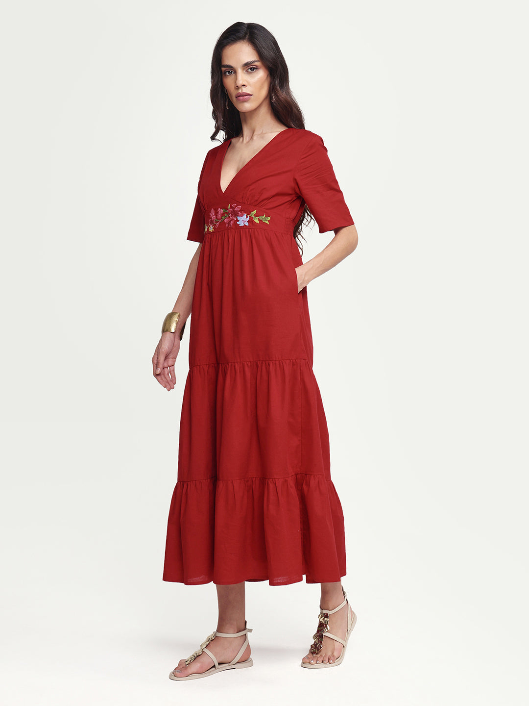 Rareism Women's Aziel Red Cotton Half Sleeve Fit And Flare Plain Dress