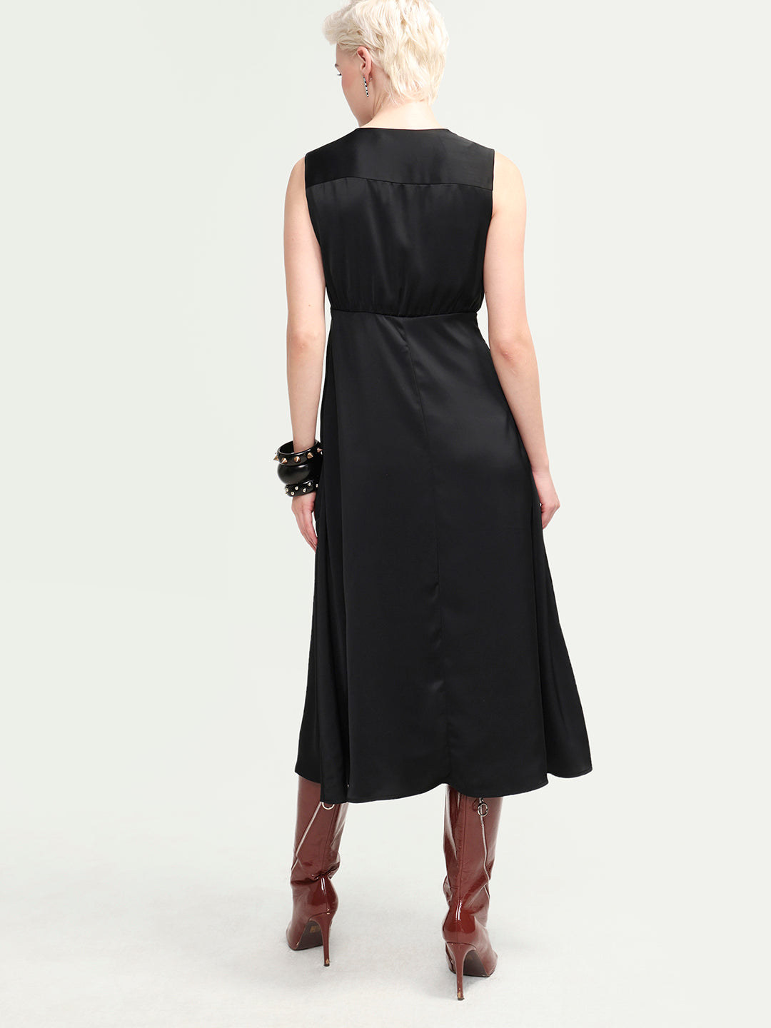 Rareism Women's Calen Black Cotton Satin Sleeveless A-Line Plain Dress