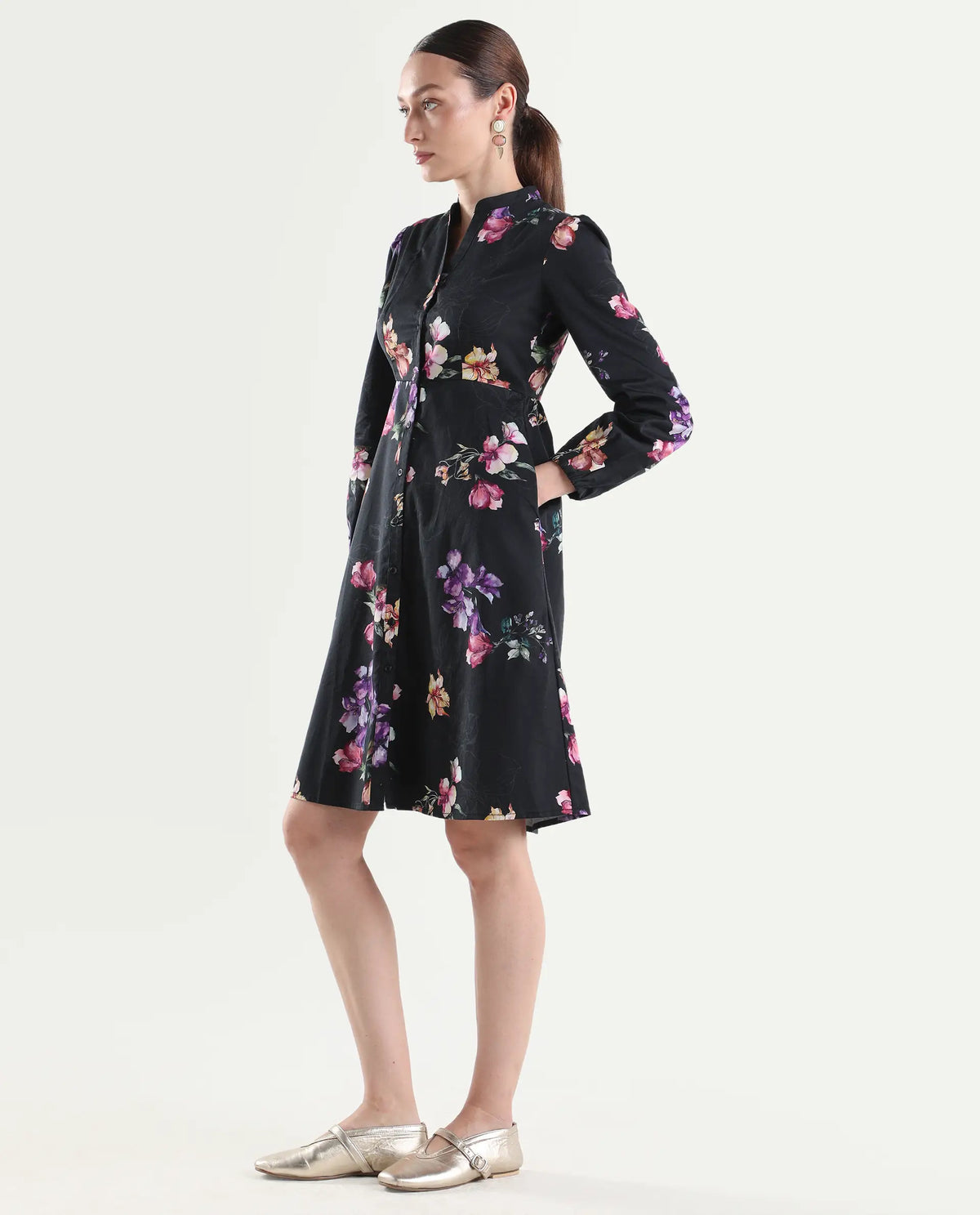 Rareism Women's Calin Black Cotton Satin Full Sleeve A-Line Floral Print Dress