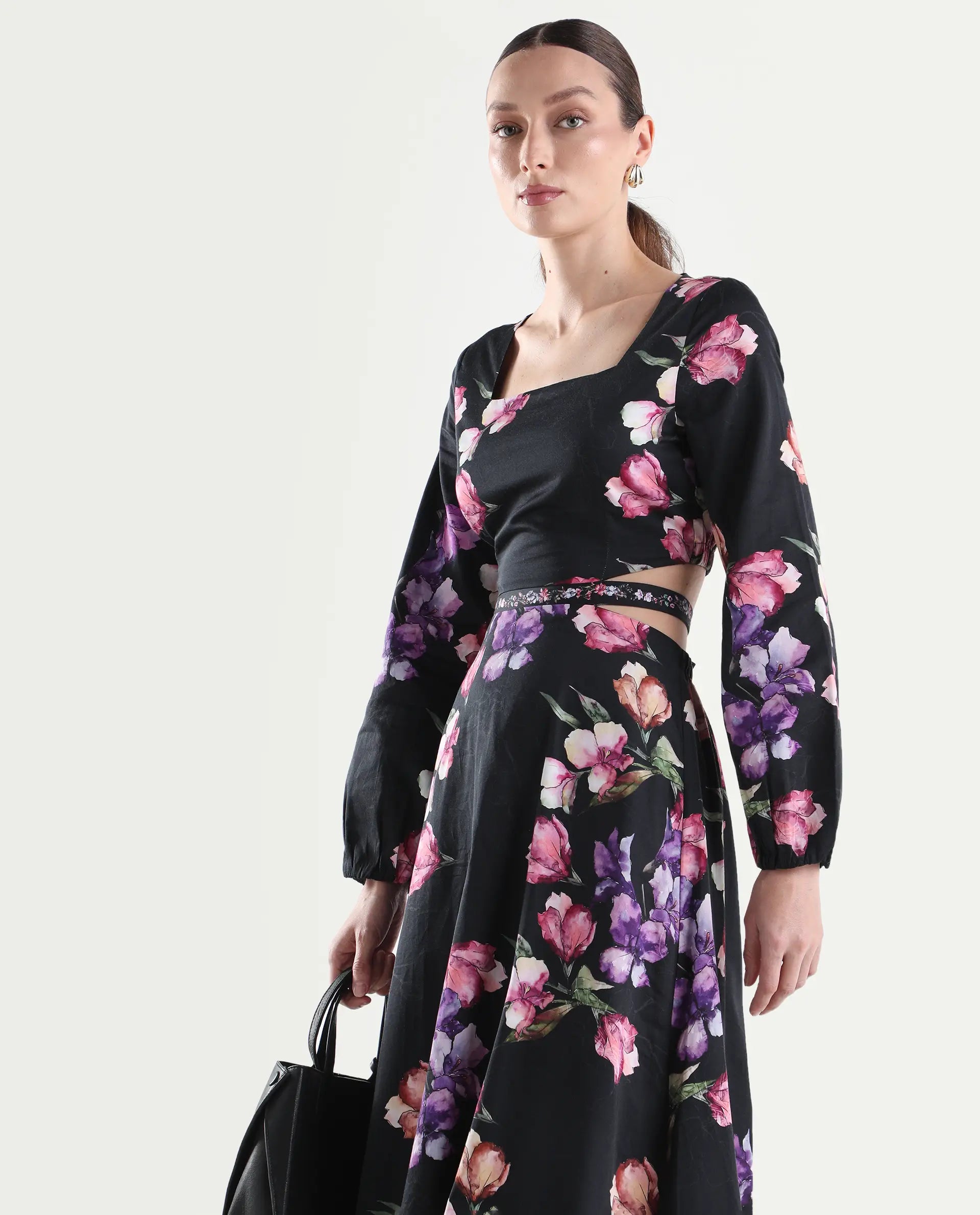 Rareism Women's Cally Black Cotton Full Sleeve Fit And Flare Floral Print Dress