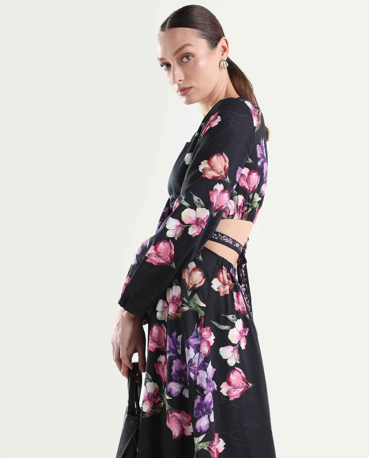 Rareism Women's Calin Black Cotton Satin Full Sleeve A-Line Floral Print Dress