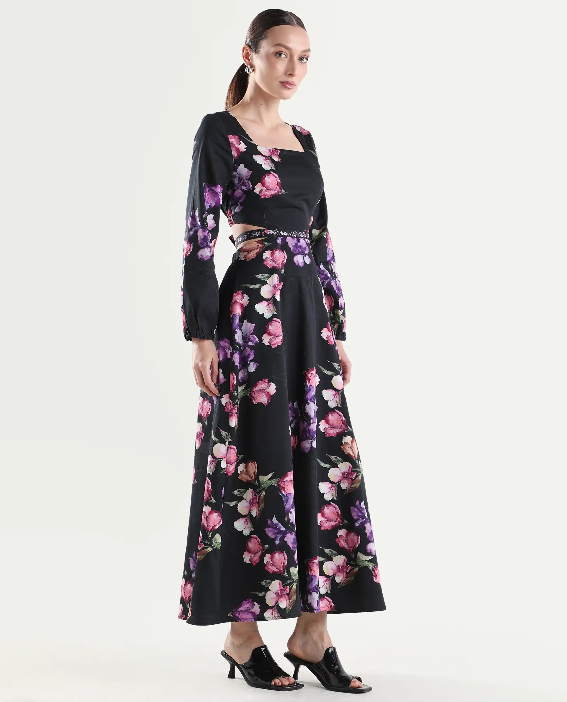 Rareism Women's Cally Black Cotton Full Sleeve Fit And Flare Floral Print Dress
