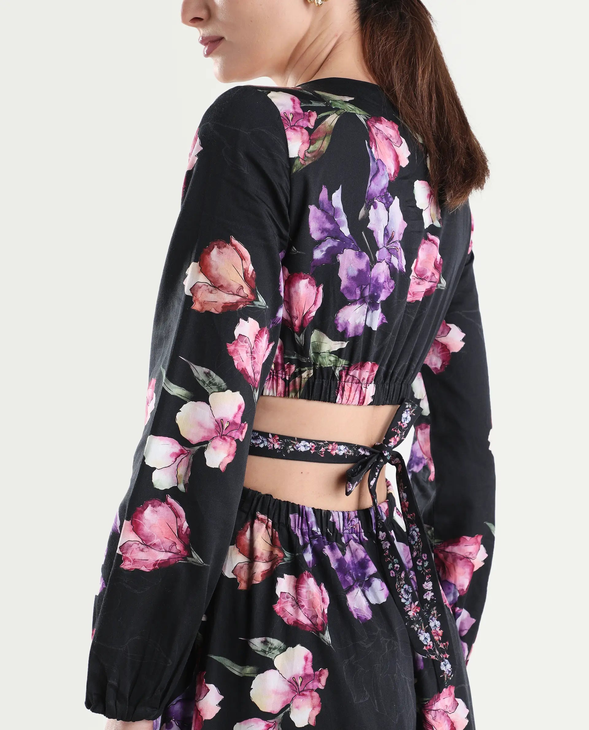 Rareism Women's Cally Black Cotton Full Sleeve Fit And Flare Floral Print Dress