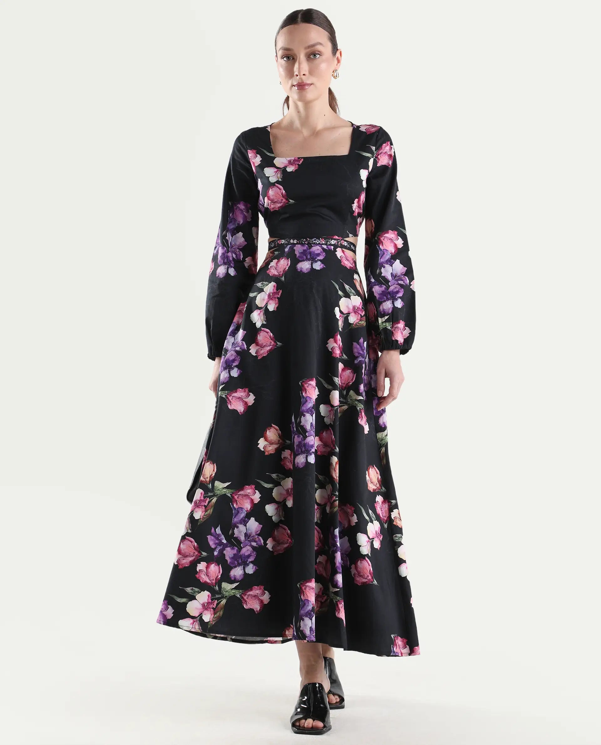 Rareism Women's Cally Black Cotton Full Sleeve Fit And Flare Floral Print Dress
