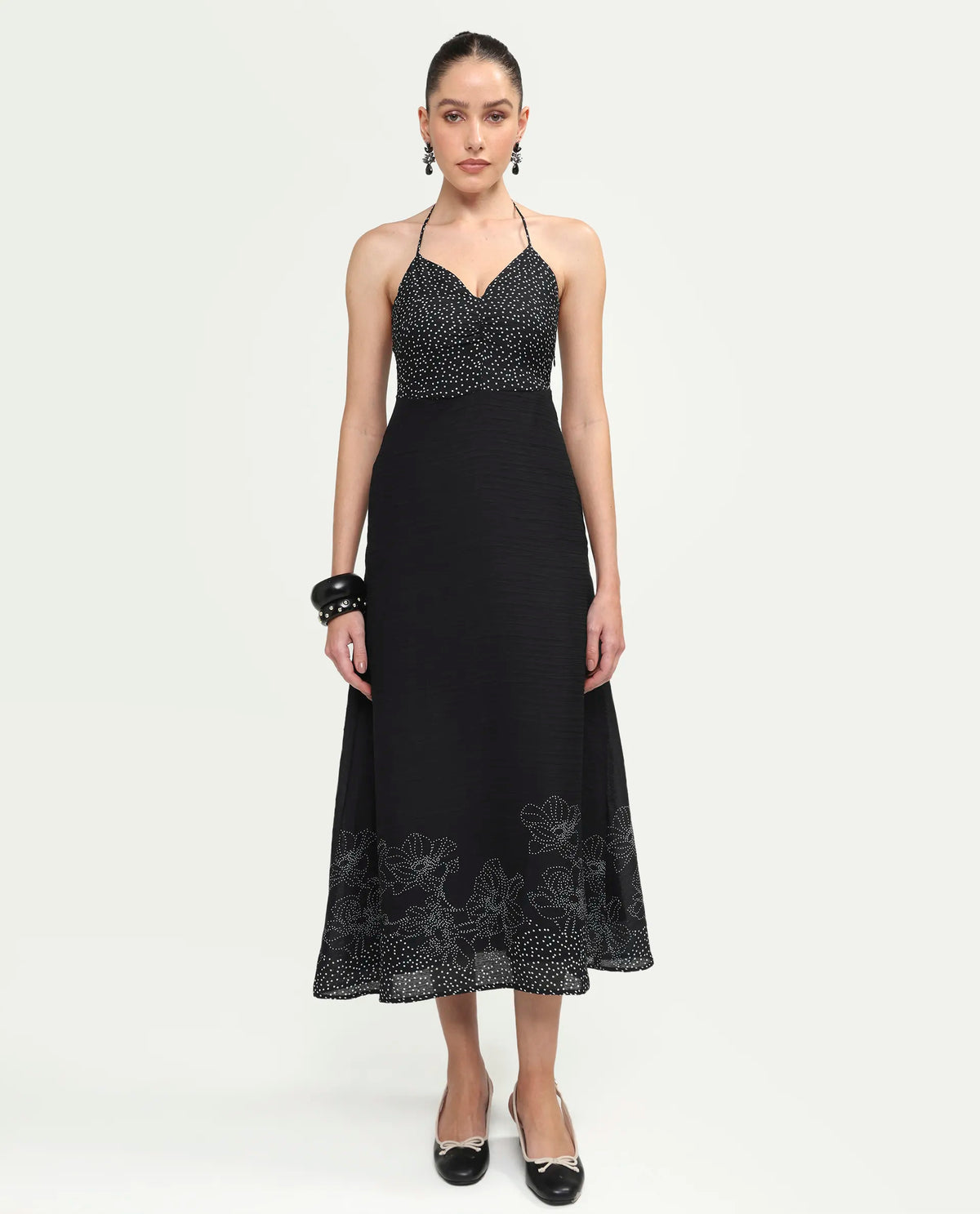 Rareism Women's Cassy Black Polyester Sleeveless Fit And Flare Floral Print Dress