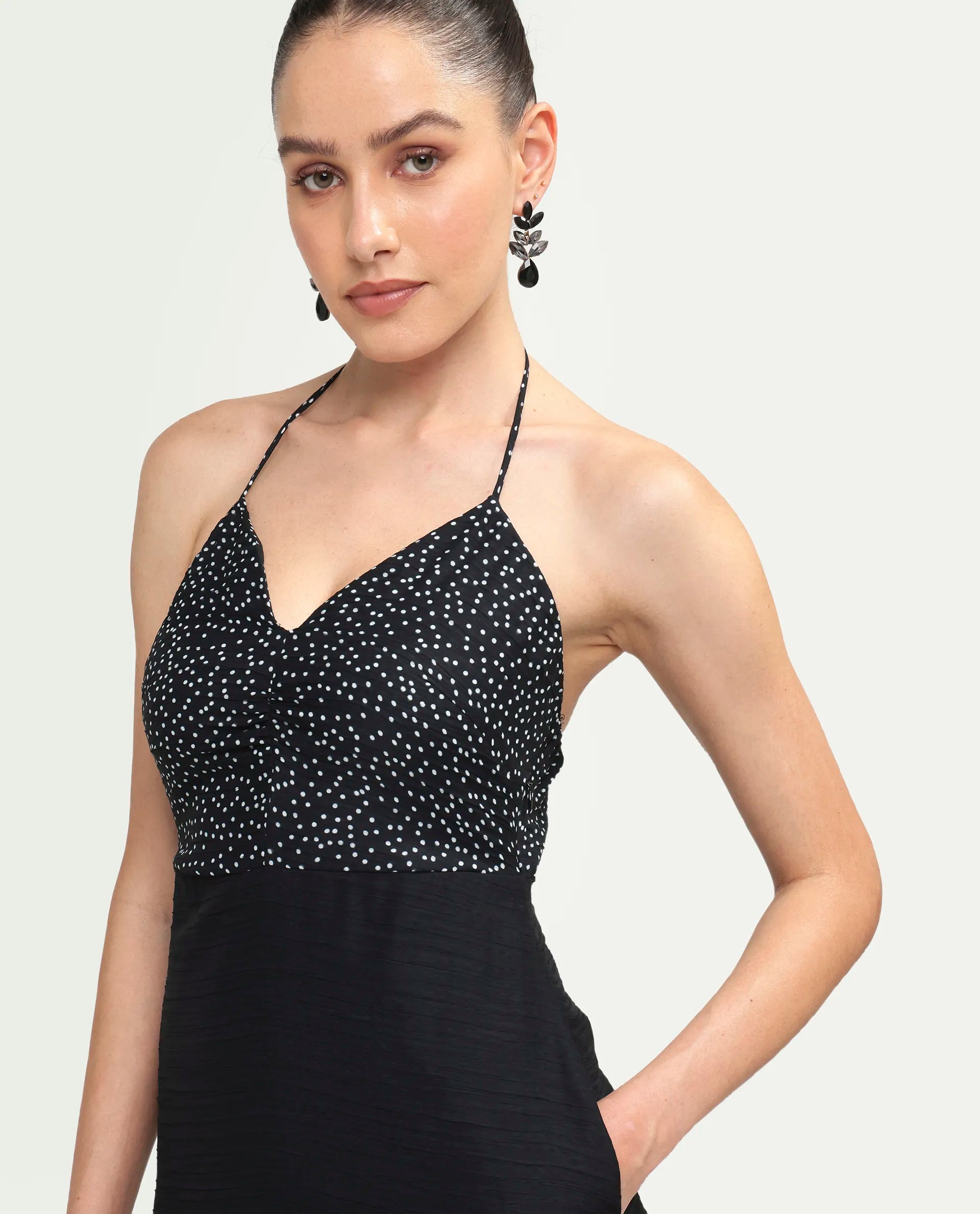 Rareism Women's Cassy Black Polyester Sleeveless Fit And Flare Floral Print Dress