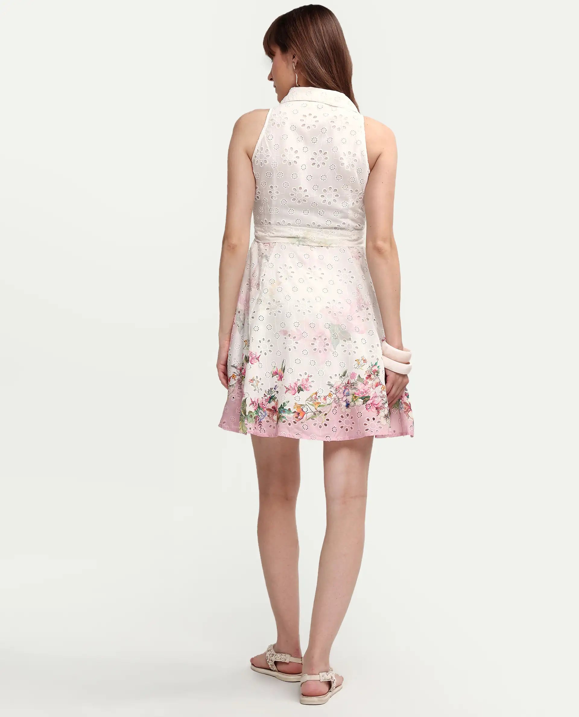 Rareism Women's Cayla White Cotton Sleeveless Flared Floral Print Dress