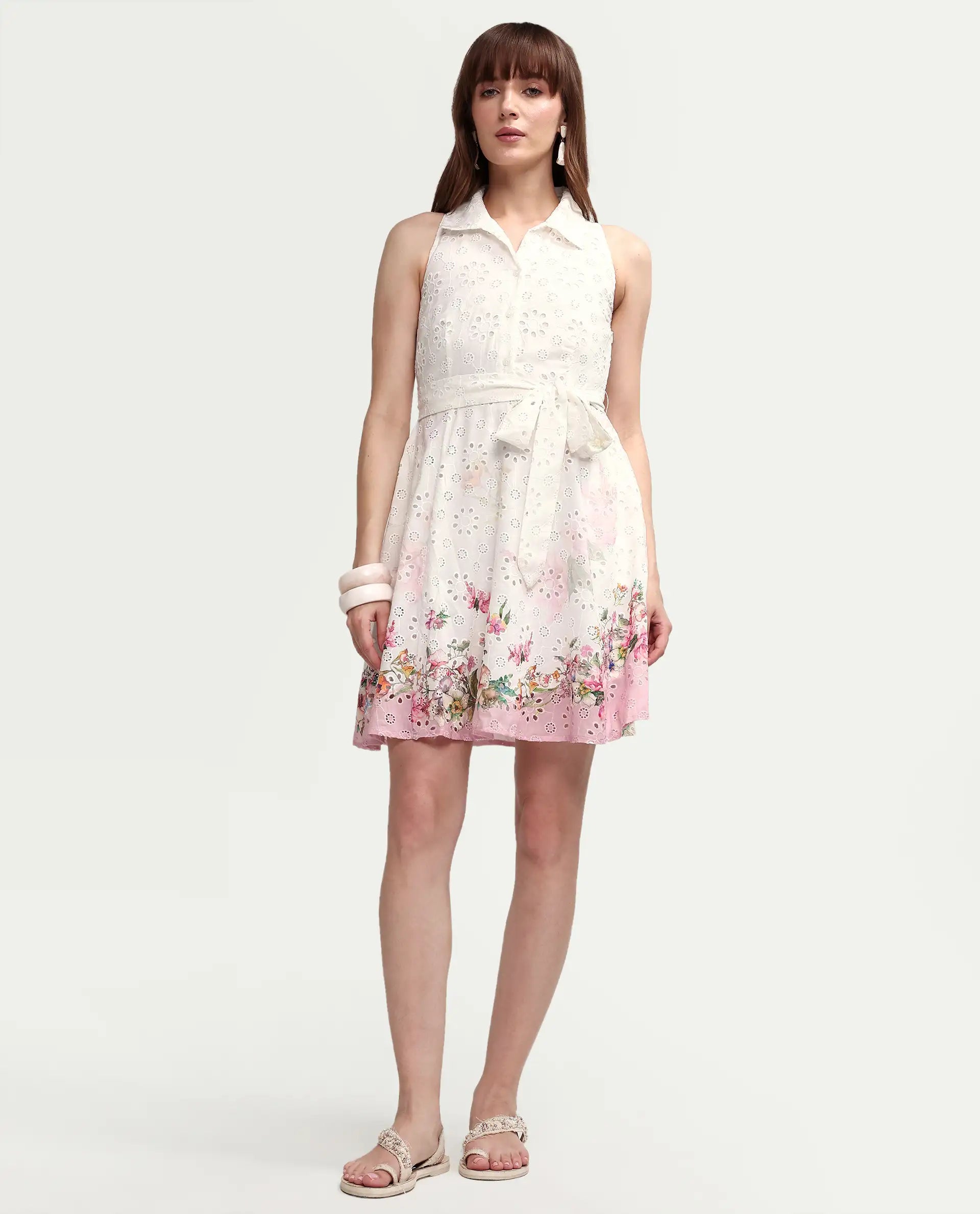 Rareism Women's Cayla White Cotton Sleeveless Flared Floral Print Dress