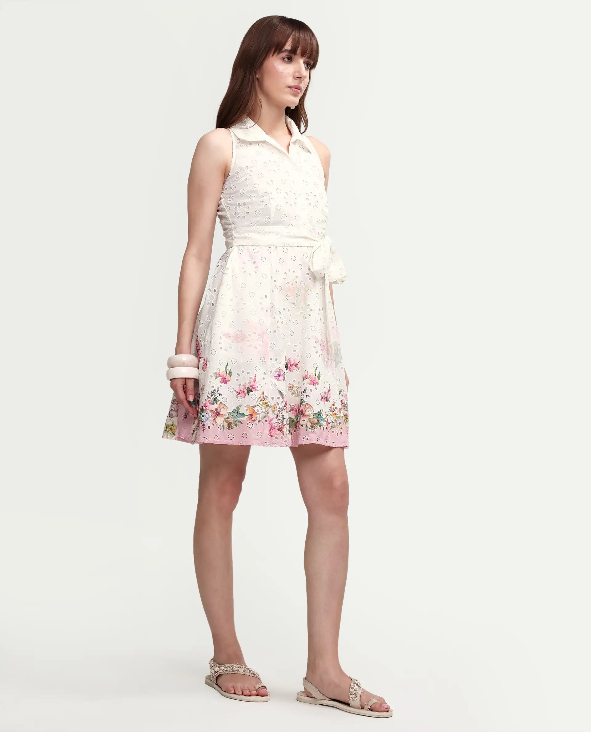 Rareism Women's Cayla White Cotton Sleeveless Flared Floral Print Dress