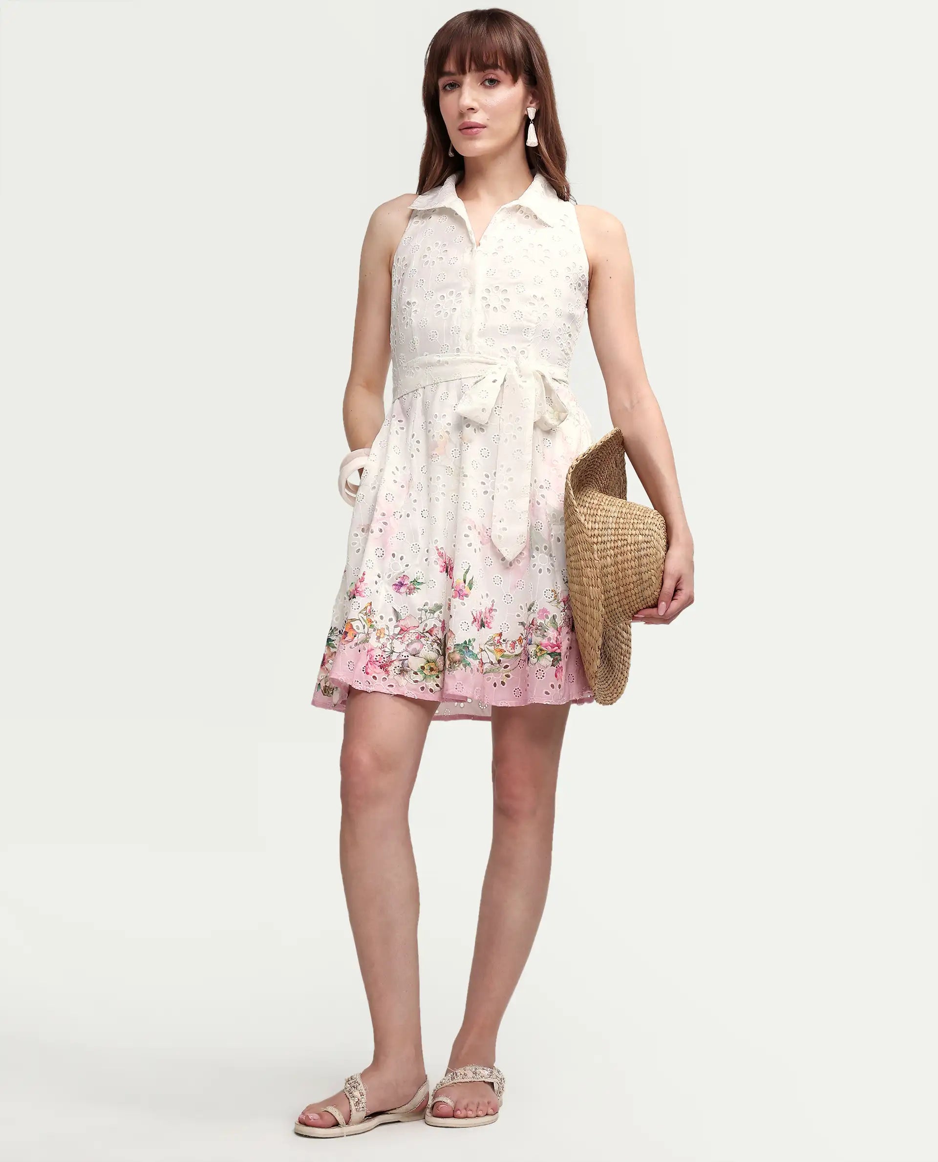 Rareism Women's Cayla White Cotton Sleeveless Flared Floral Print Dress