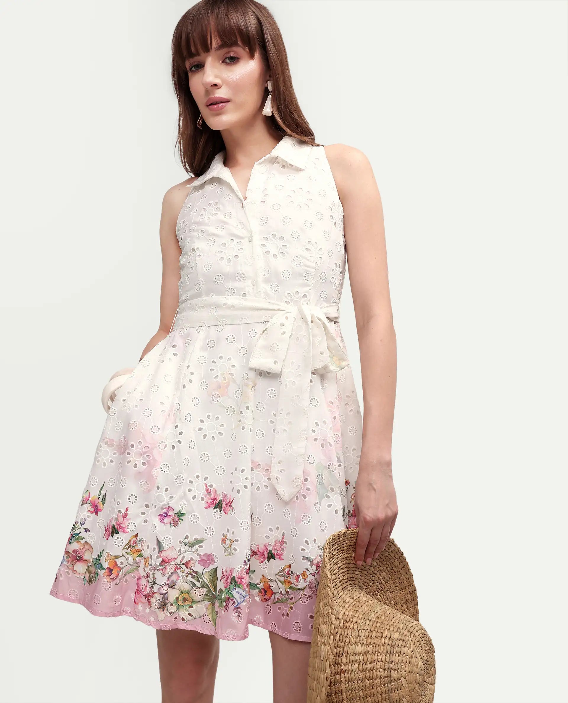 Rareism Women's Cayla White Cotton Sleeveless Flared Floral Print Dress