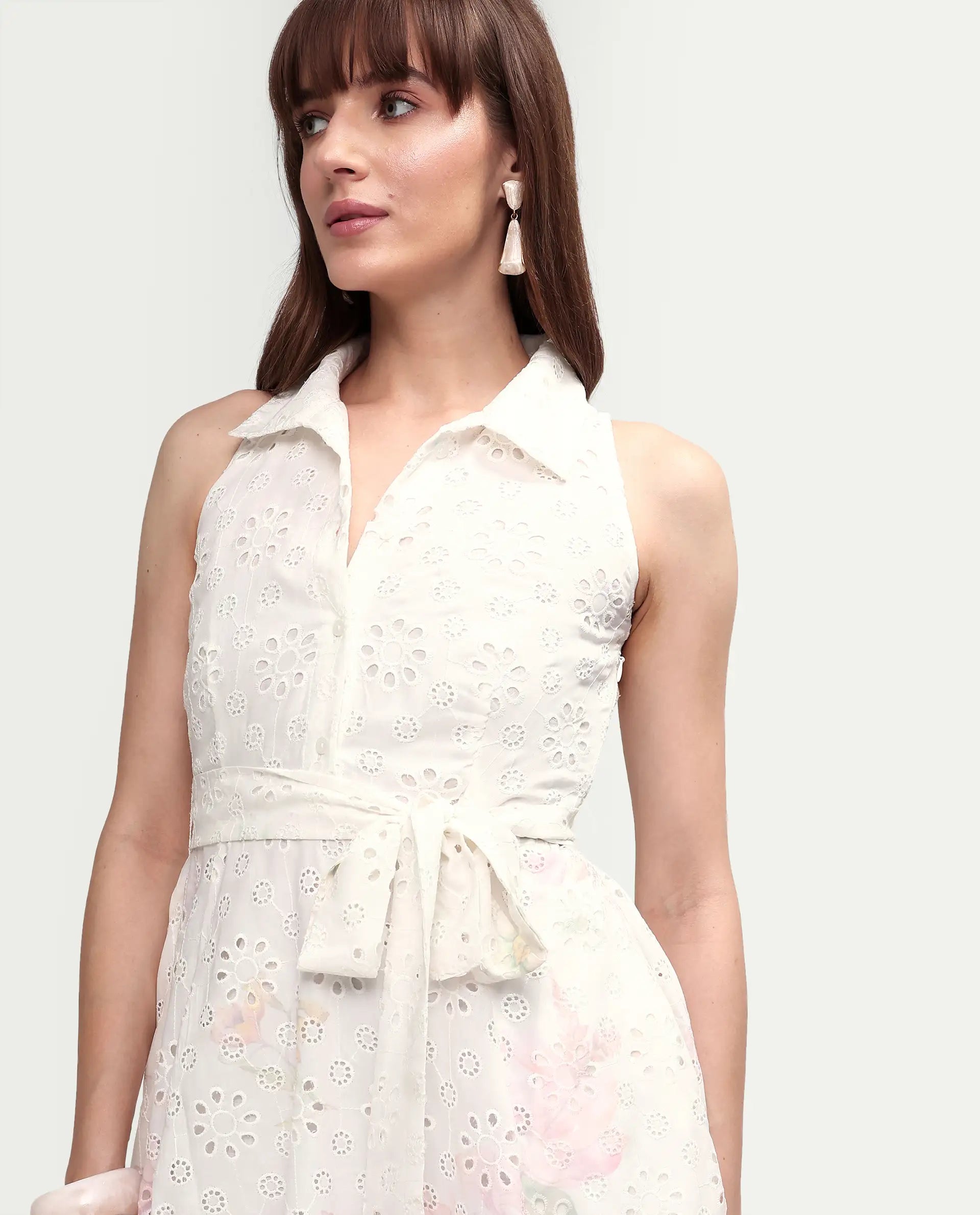 Rareism Women's Cayla White Cotton Sleeveless Flared Floral Print Dress