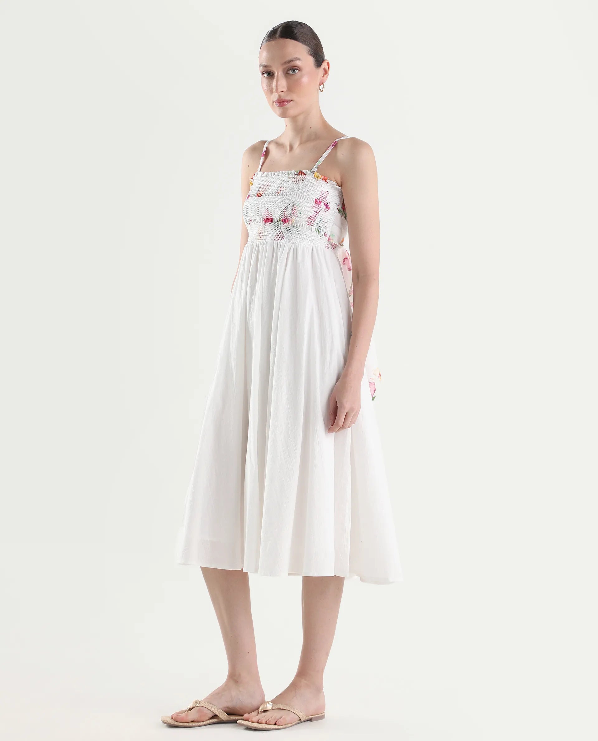 Rareism Women's Ceana Off White Cotton Sleeveless Fit And Flare Floral Print Dress