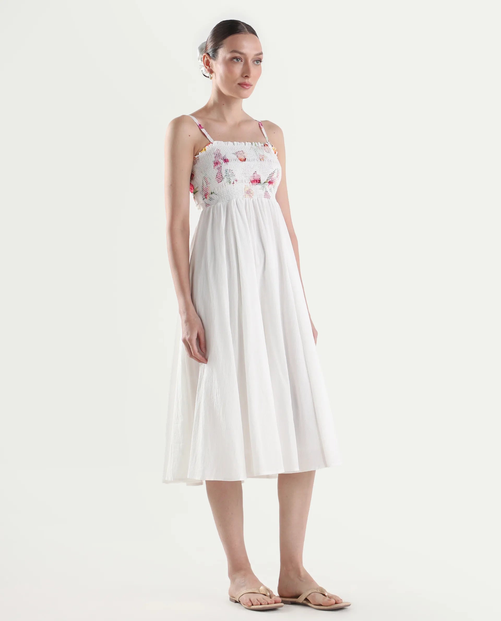 Rareism Women's Ceana Off White Cotton Sleeveless Fit And Flare Floral Print Dress