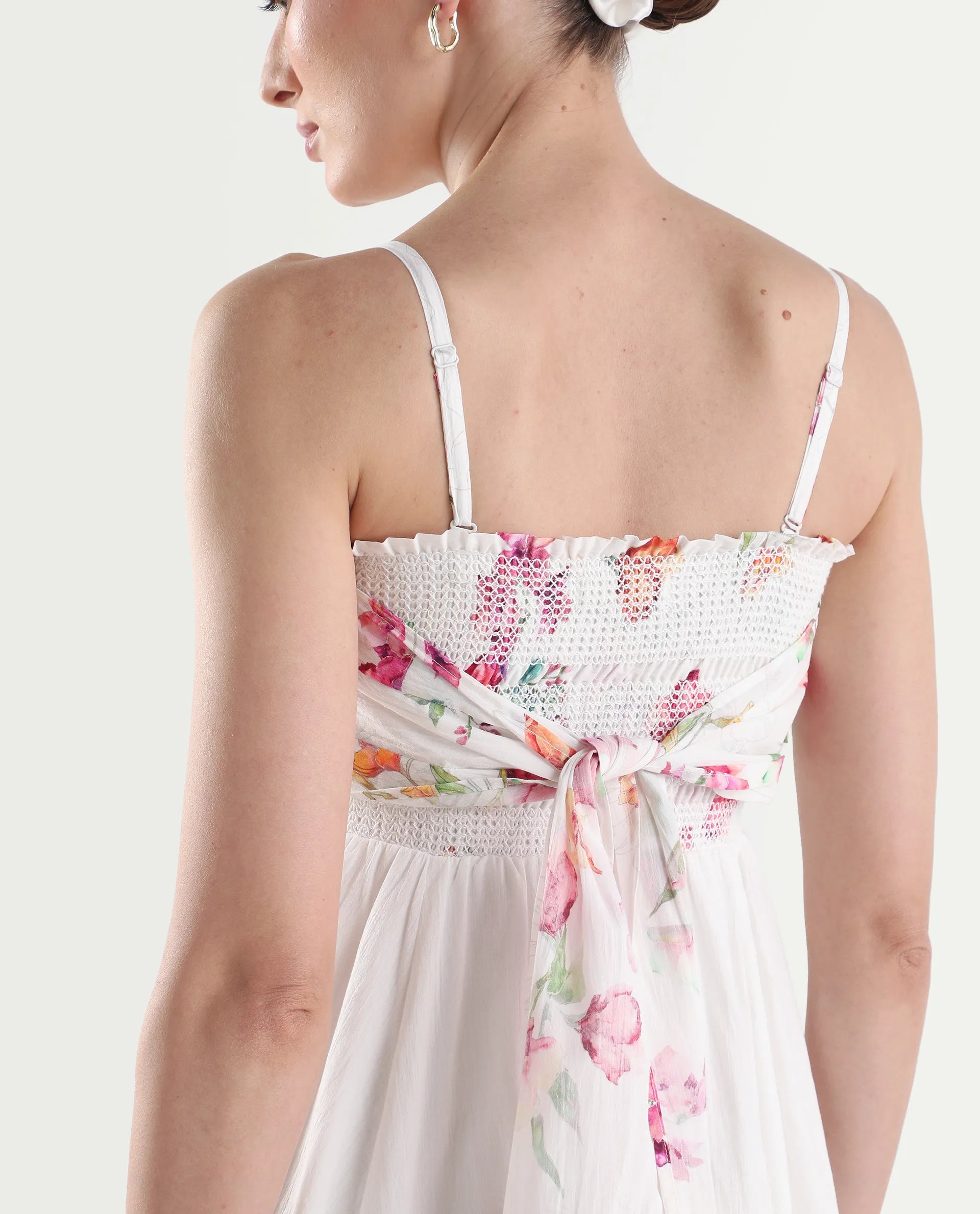 Rareism Women's Ceana Off White Cotton Sleeveless Fit And Flare Floral Print Dress