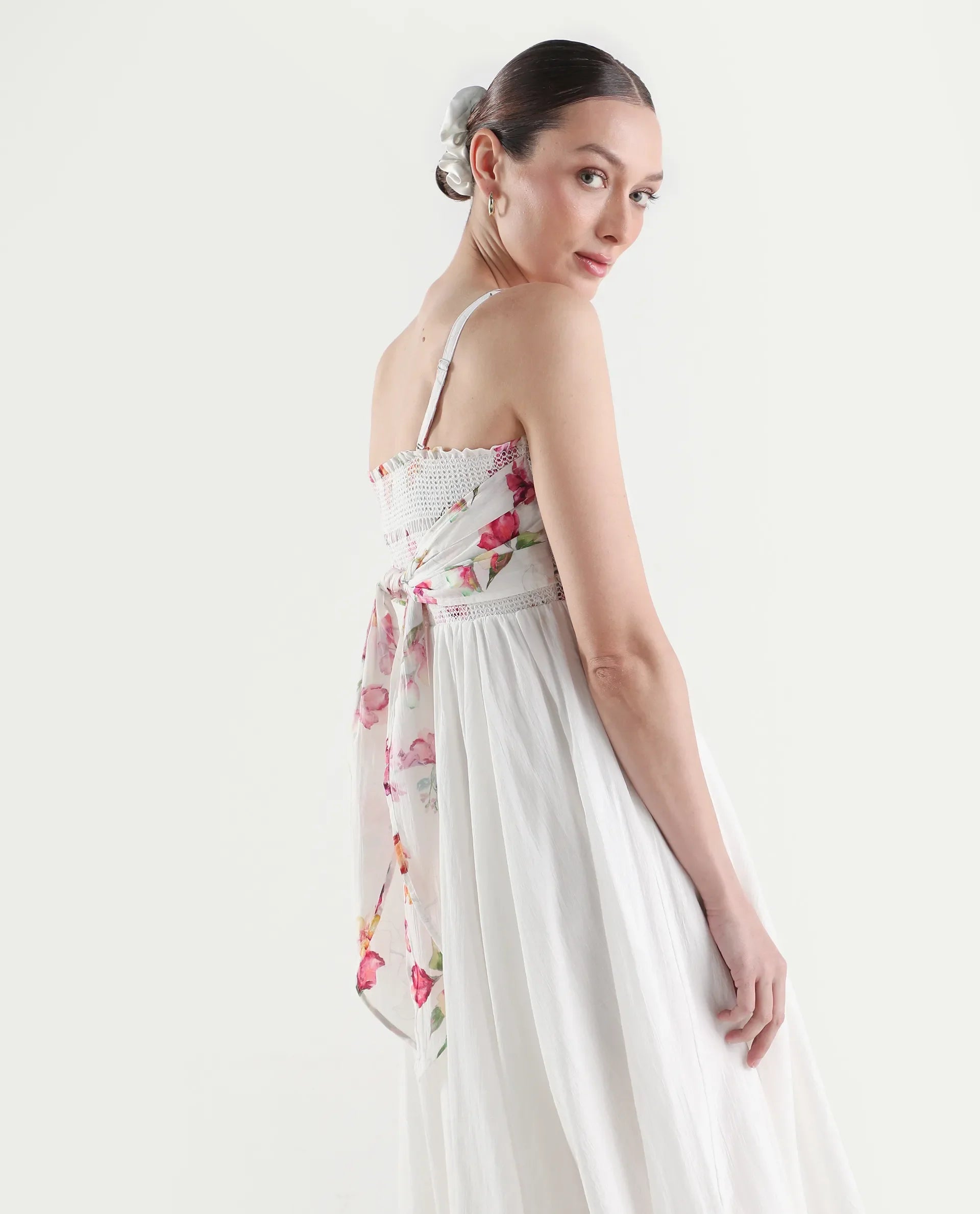 Rareism Women's Ceana Off White Cotton Sleeveless Fit And Flare Floral Print Dress