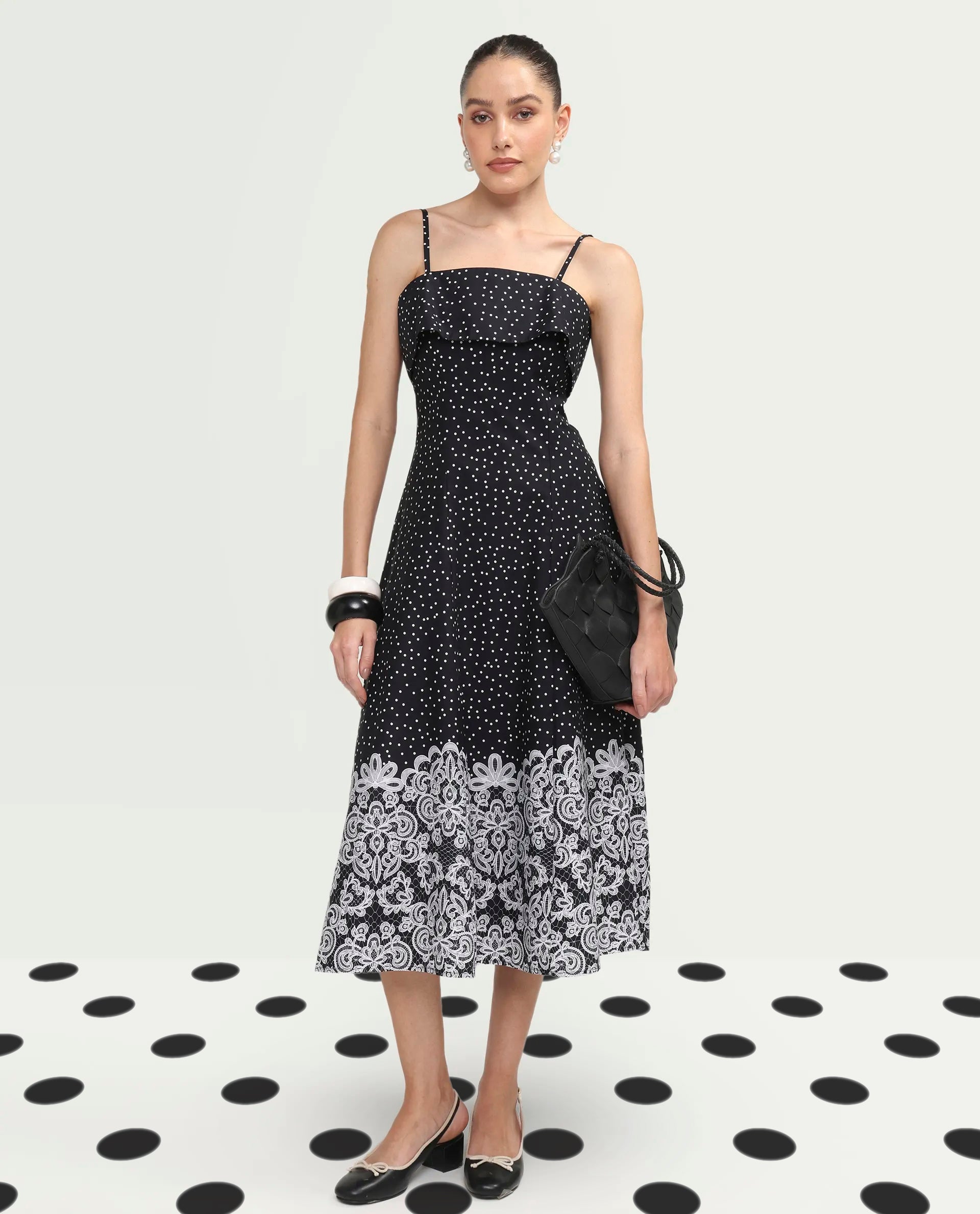 Rareism Women's Cerah Black Cotton Sleeveless A-Line Polka Print Dress