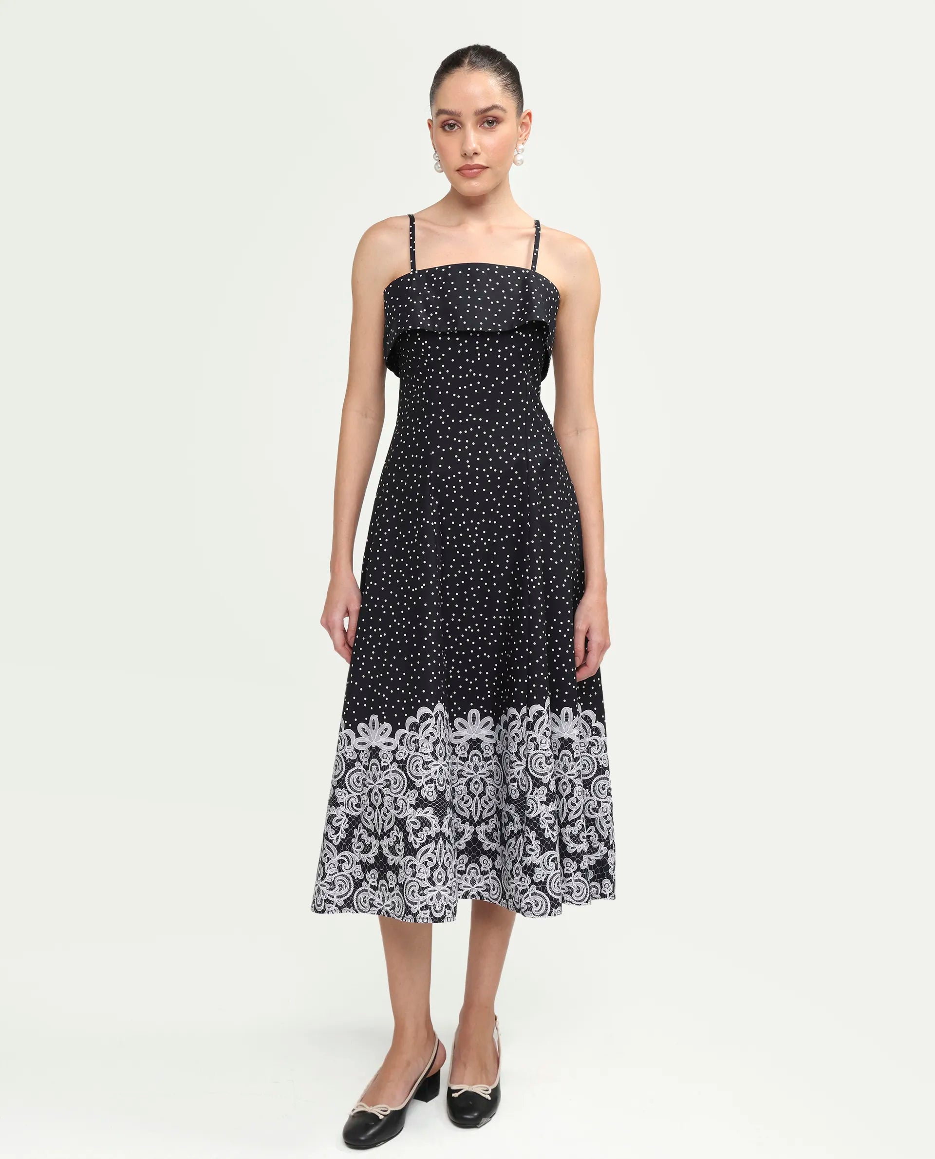 Rareism Women's Cerah Black Cotton Sleeveless A-Line Polka Print Dress