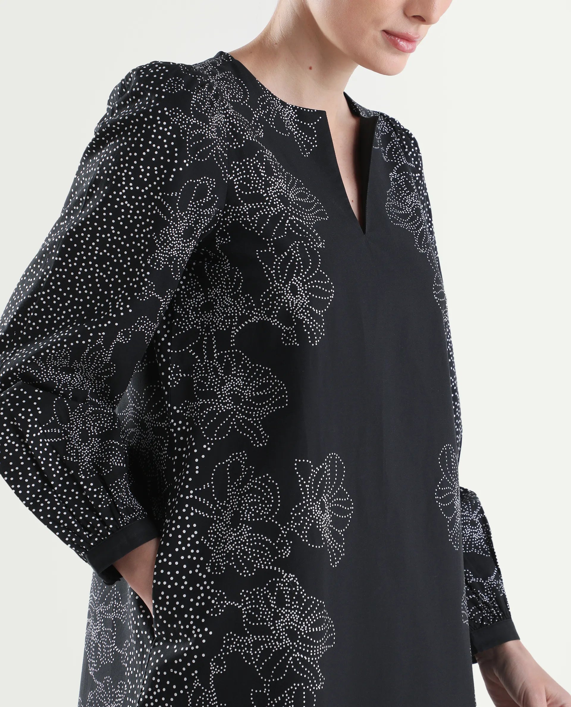 Rareism Women's Ciana Black Cotton Full Sleeve Relaxed Fit Floral Print Dress