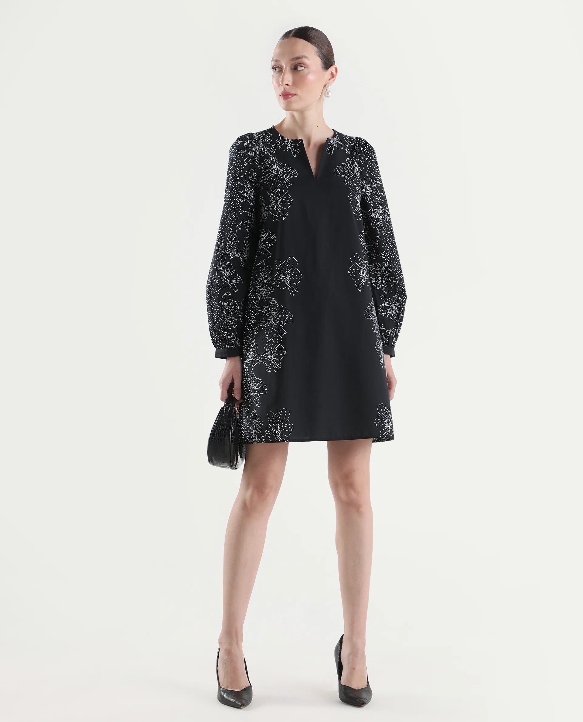 Rareism Women's Ciana Black Cotton Full Sleeve Relaxed Fit Floral Print Dress