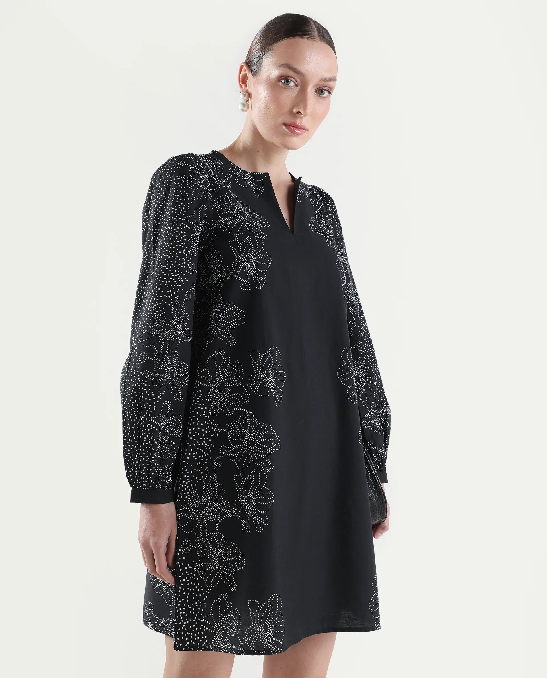 Rareism Women's Ciana Black Cotton Full Sleeve Relaxed Fit Floral Print Dress