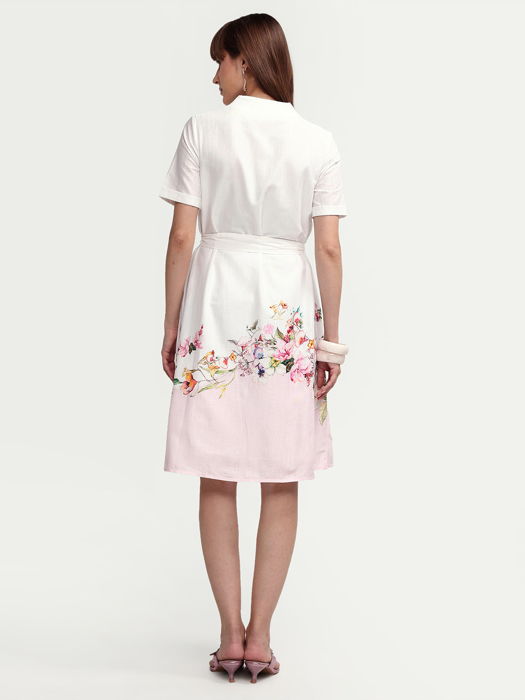 Rareism Women's Cilian White Cotton Blend Half Sleeve A-Line Floral Print Dress