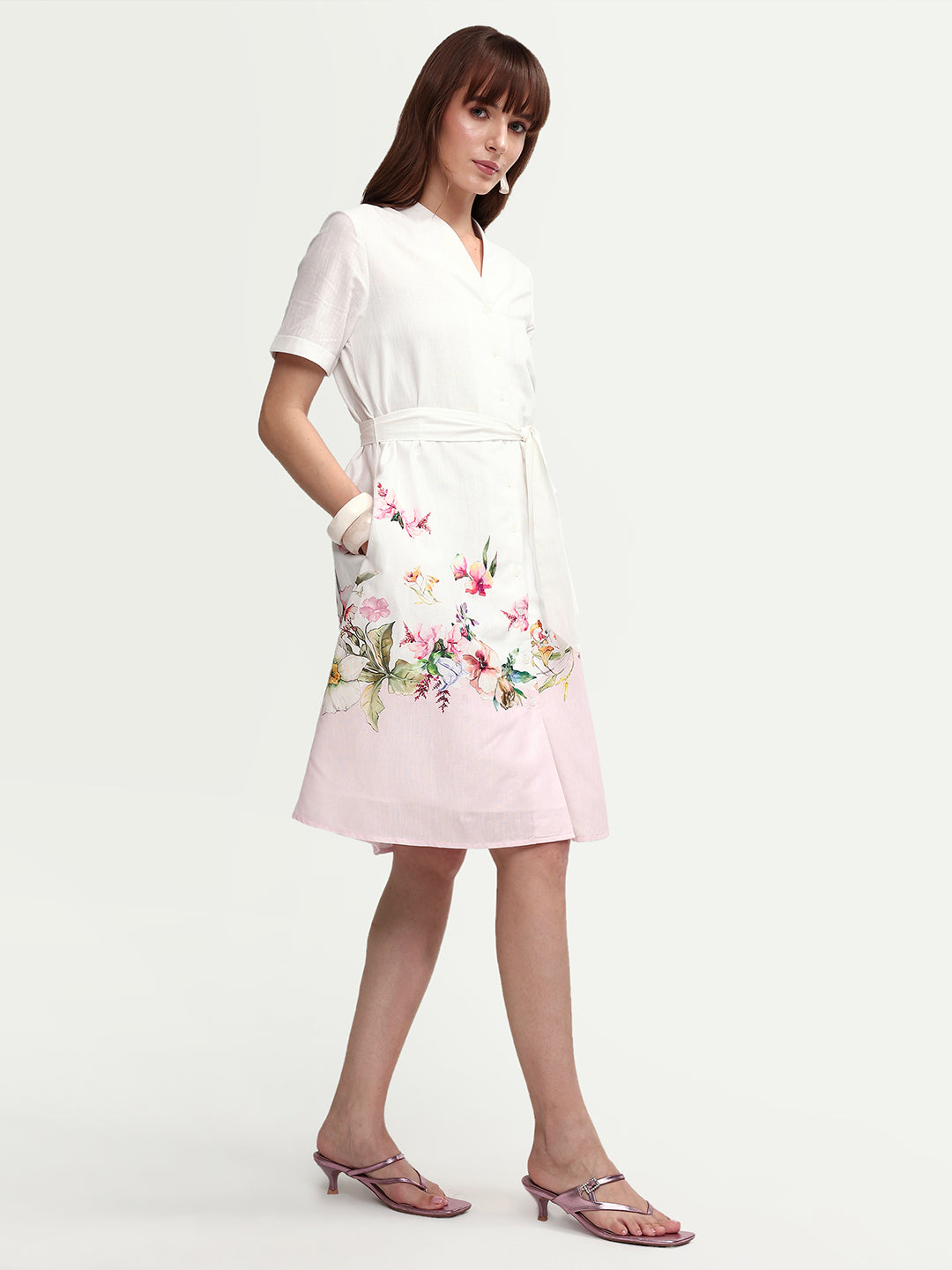 Rareism Women's Cilian White Cotton Blend Half Sleeve A-Line Floral Print Dress