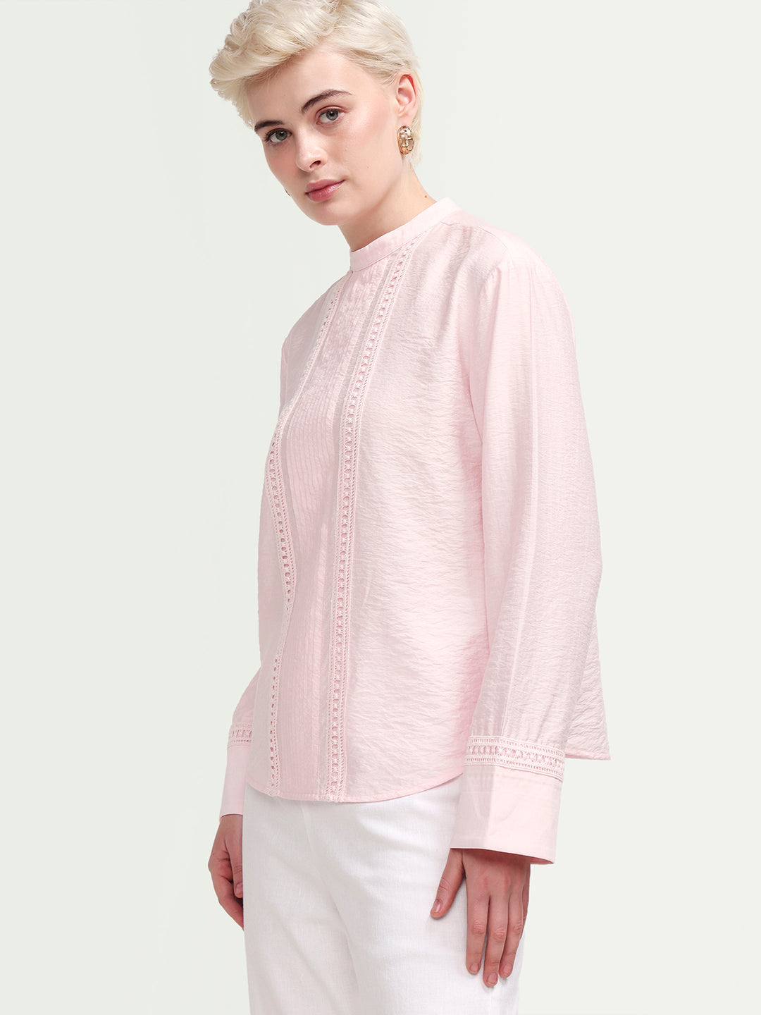 Rareism Women's Cilu Light Pink Viscose Blend Full Sleeve Relaxed Fit Plain Top