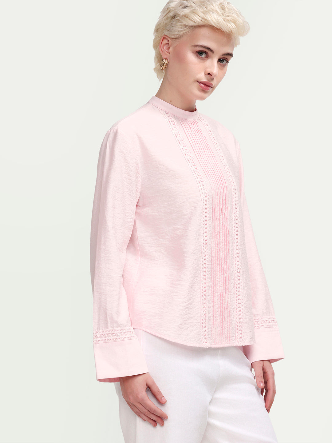 Rareism Women's Cilu Light Pink Viscose Blend Full Sleeve Relaxed Fit Plain Top