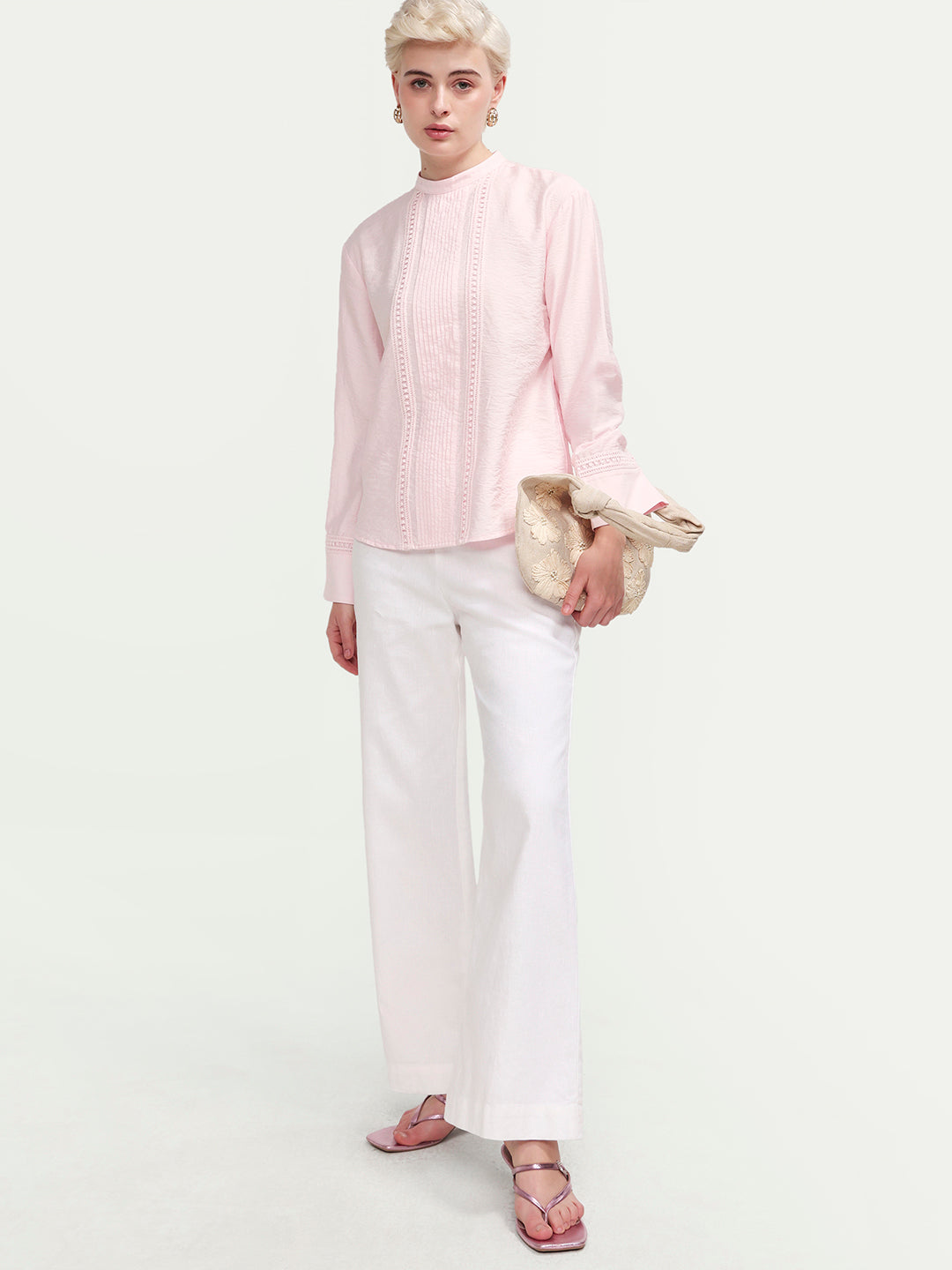 Rareism Women's Cilu Light Pink Viscose Blend Full Sleeve Relaxed Fit Plain Top