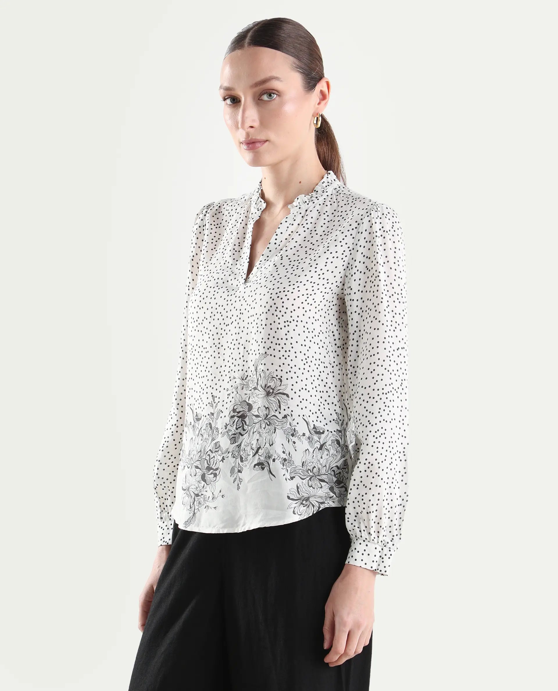 Rareism Women's Coco Off White Viscose Blend Full Sleeve Relaxed Fit Floral Print Top