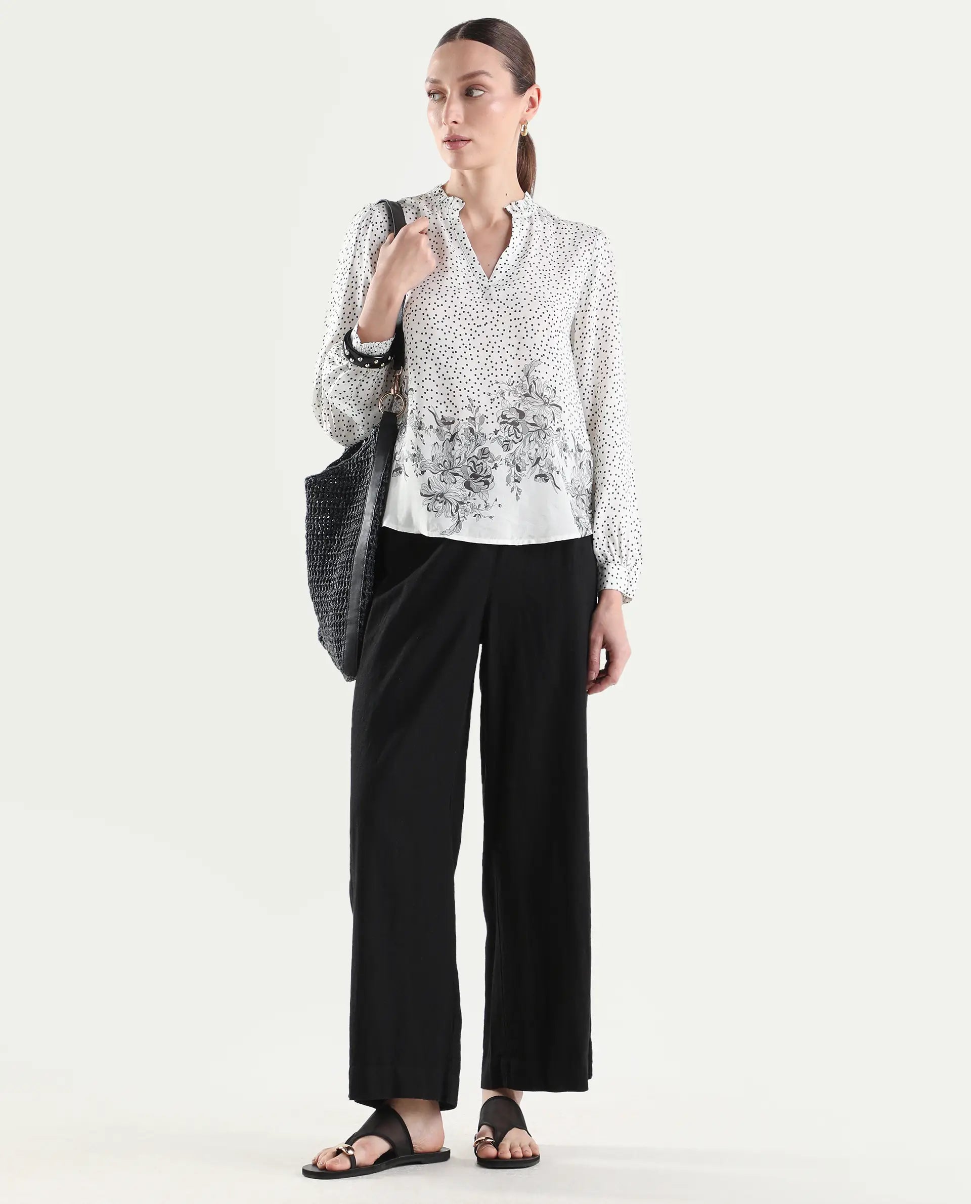 Rareism Women's Coco Off White Viscose Blend Full Sleeve Relaxed Fit Floral Print Top