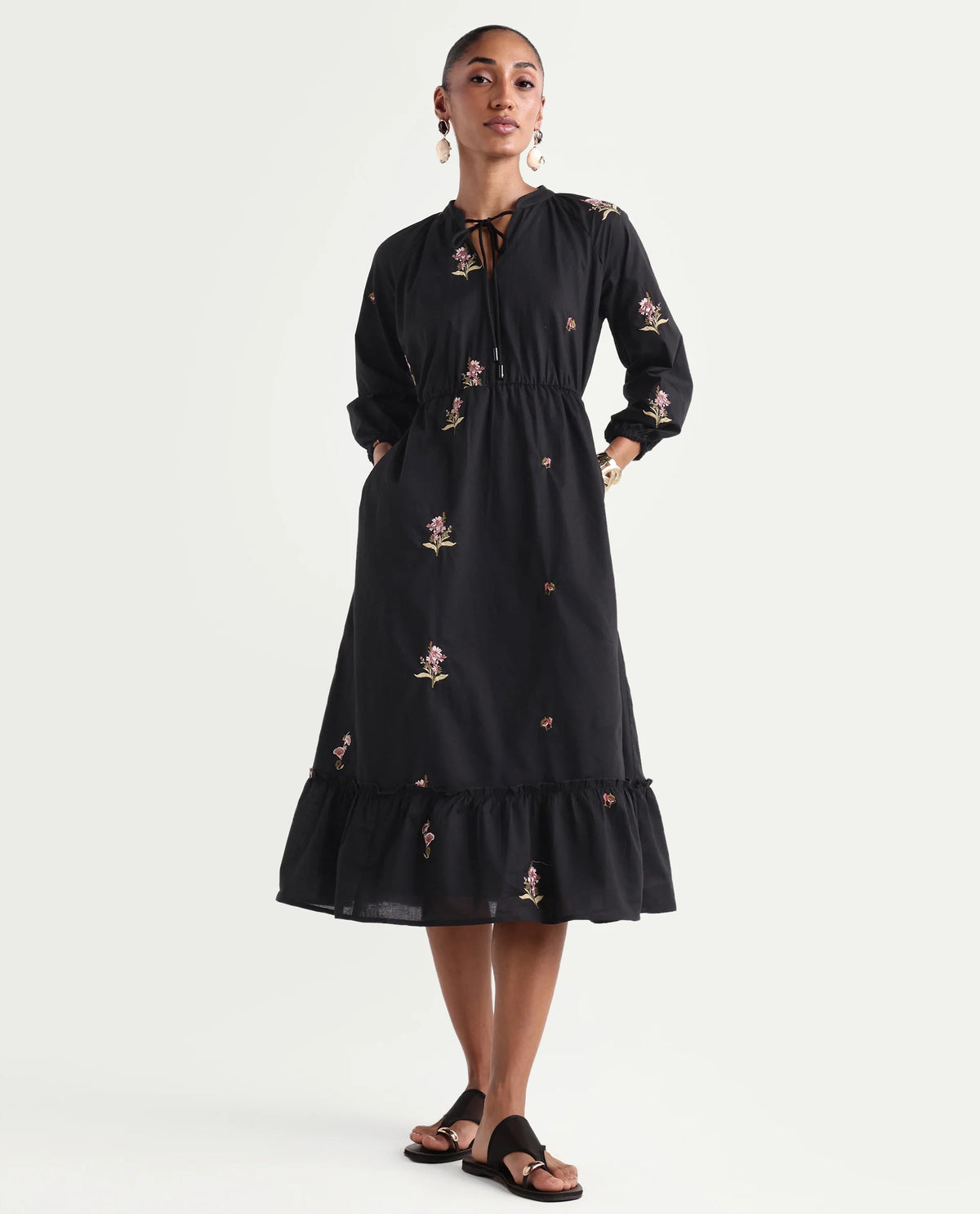 Rareism Women's Cyndin Black Viscose Blend Tie-Up Fit And Flare Plain Dress