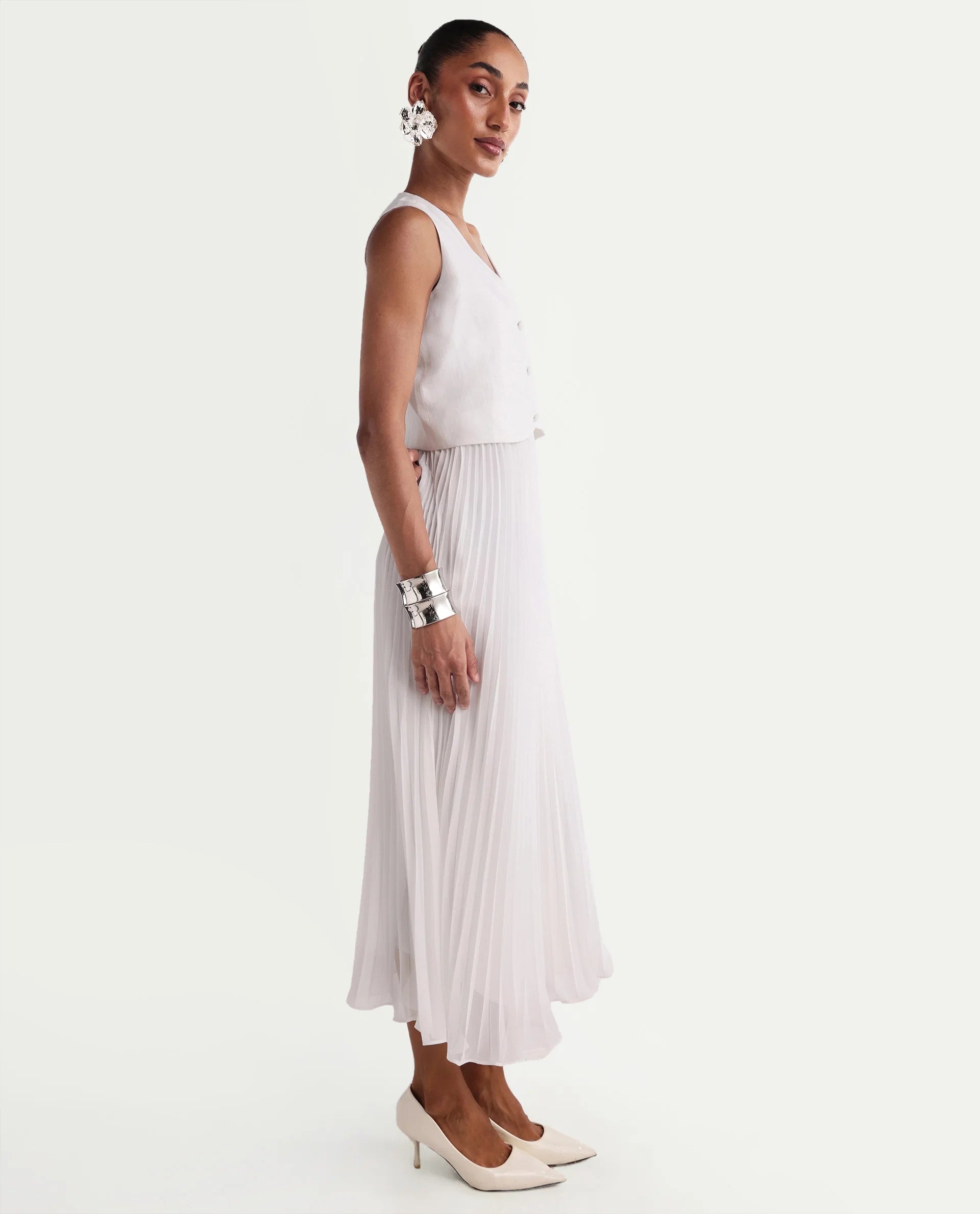 Rareism Women's Mace Off White Cotton Blend Sleeveless V-Neck A-Line Dress