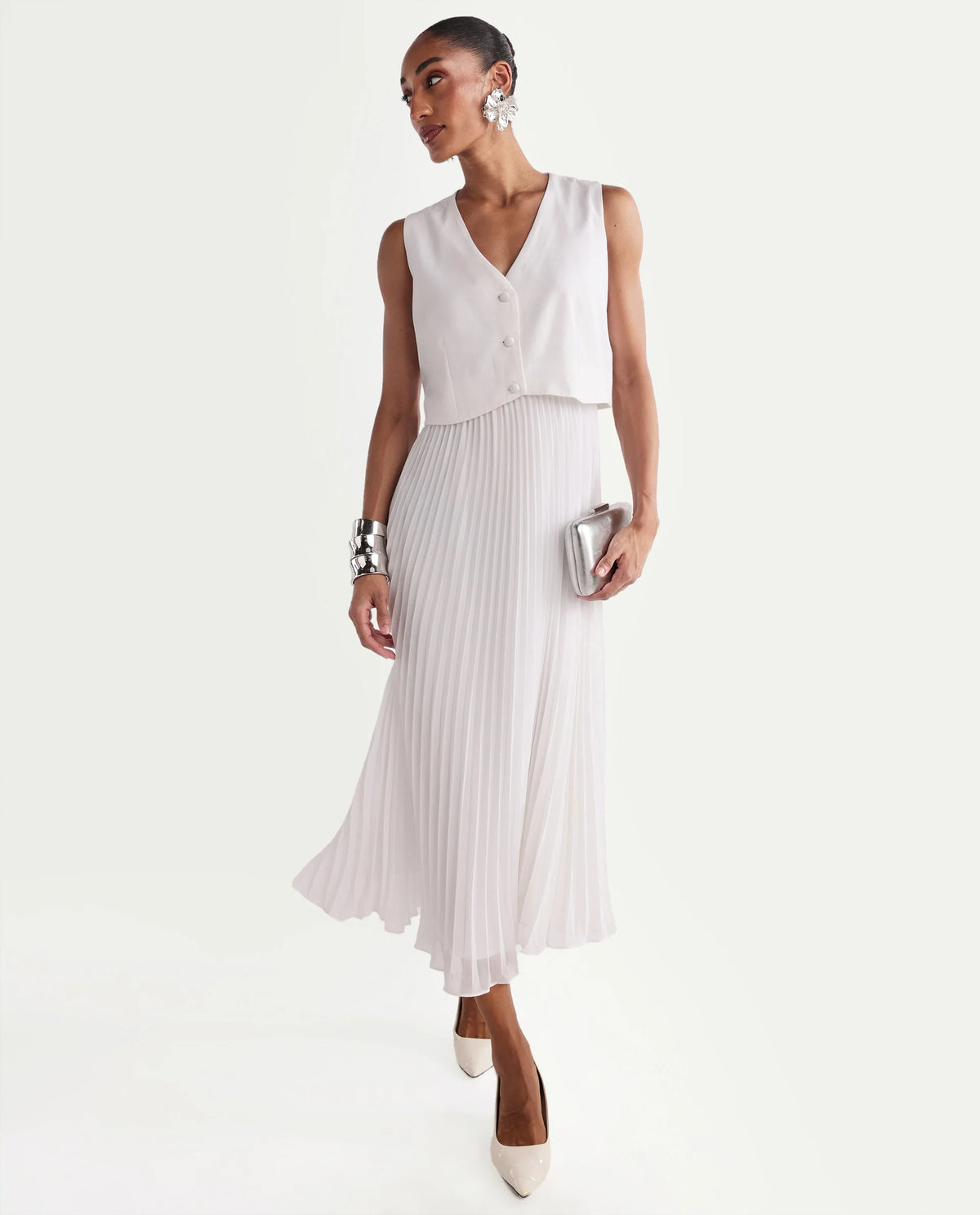 Rareism Women's Mace Off White Cotton Blend Sleeveless V-Neck A-Line Dress
