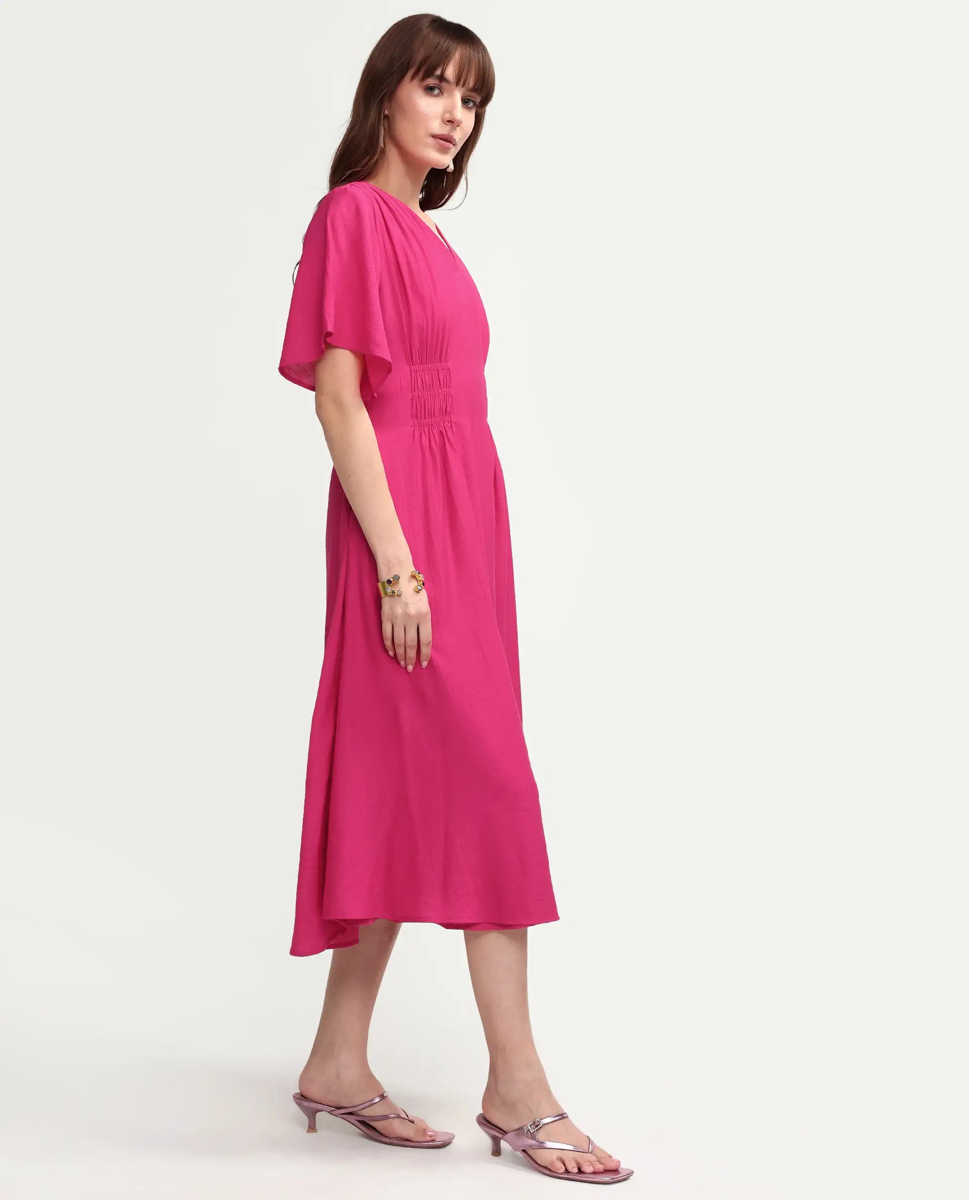 Rareism Women's Macro Pink Viscose Half Sleeve V-Neck Flared Dress