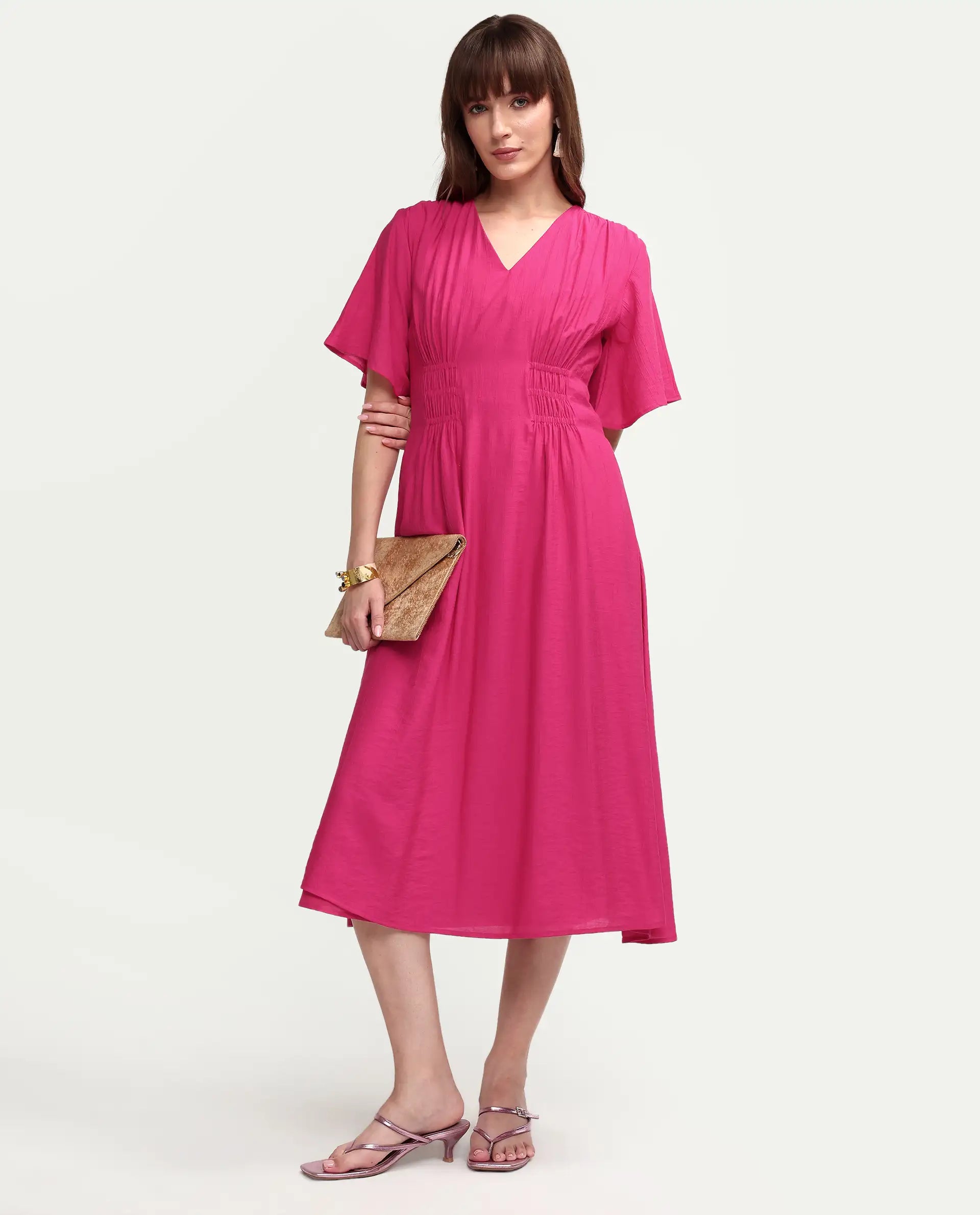 Rareism Women's Macro Pink Viscose Half Sleeve V-Neck Flared Dress
