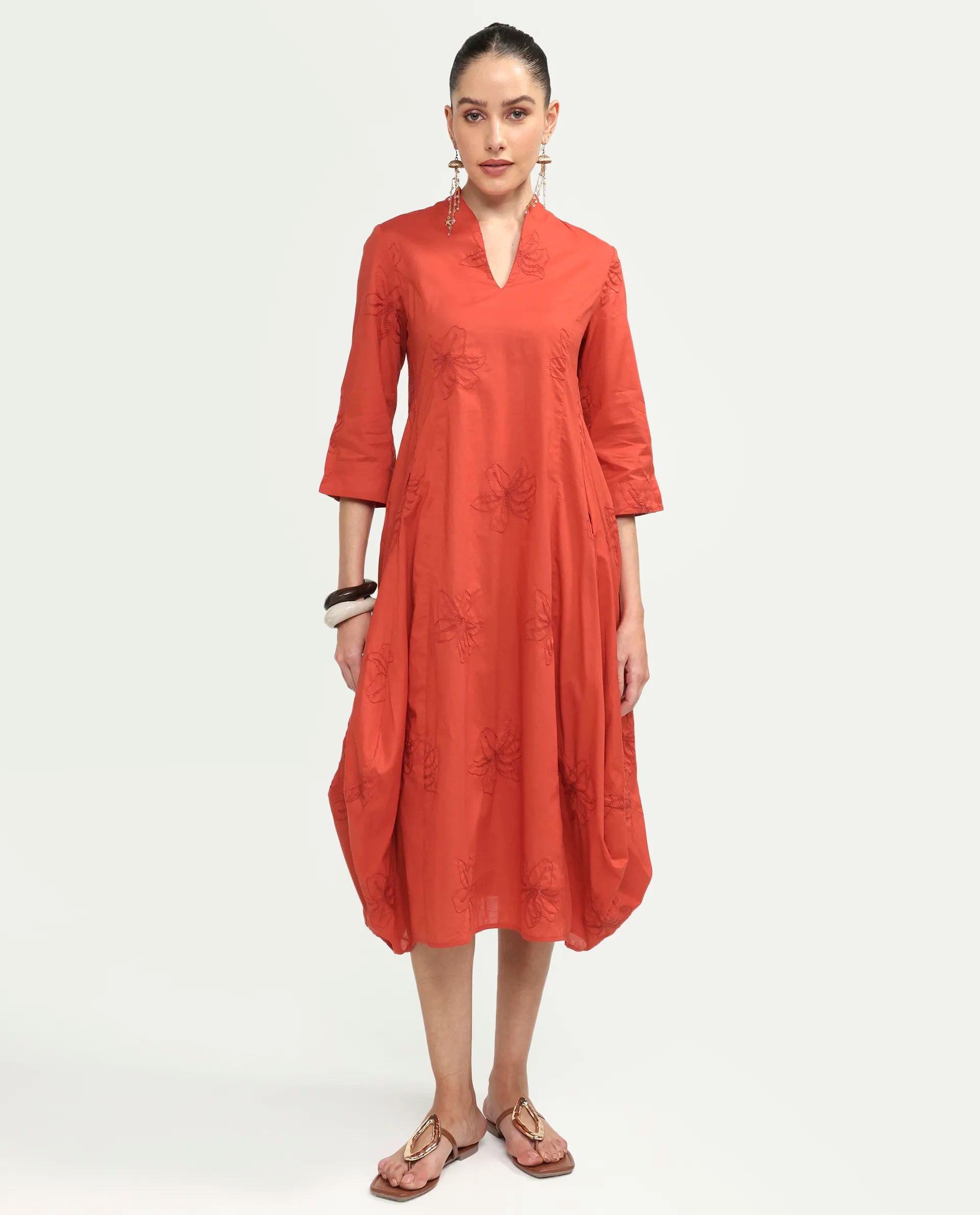 Rareism Women's Marky Rust Cotton Blend 3/4Th Sleeve V-Neck Relaxed Embroidered Dress