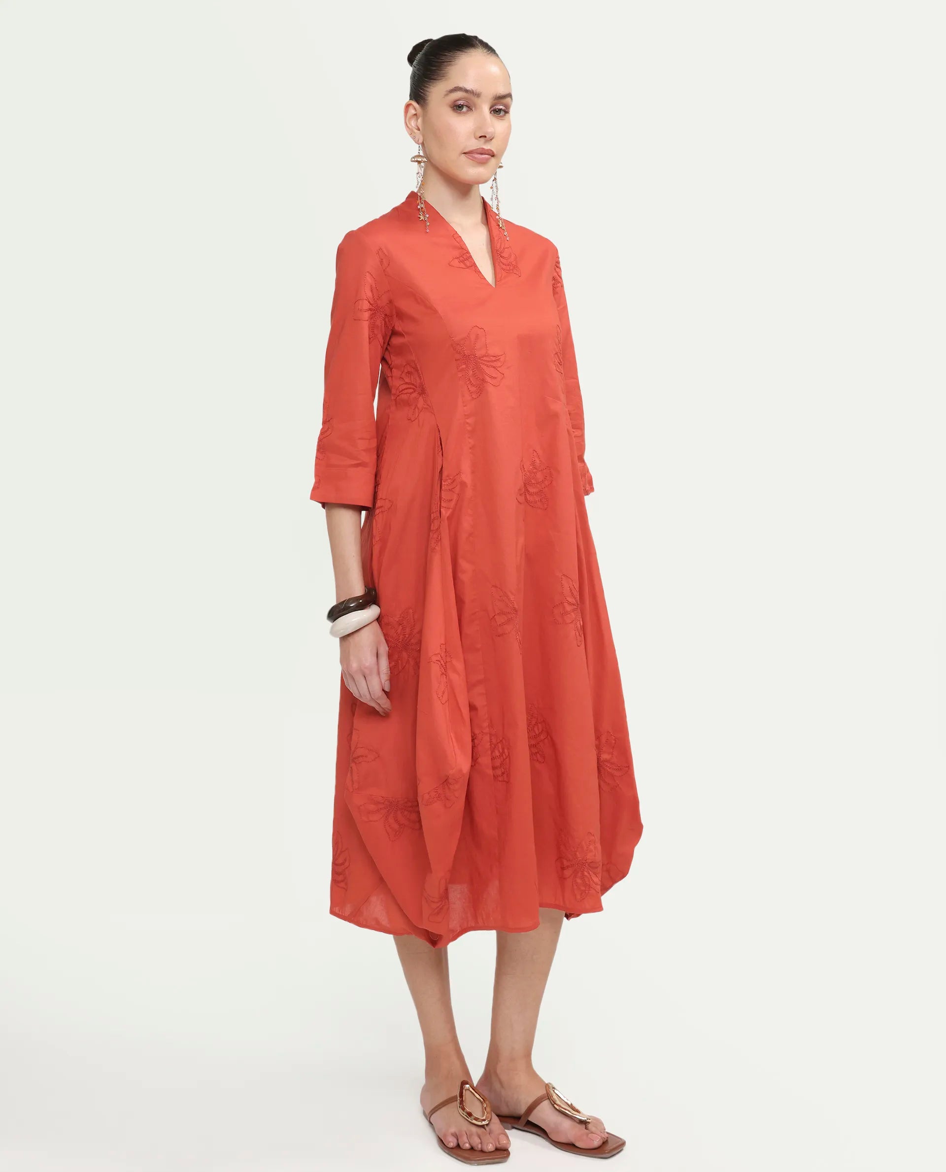 Rareism Women's Marky Rust Cotton Blend 3/4Th Sleeve V-Neck Relaxed Embroidered Dress