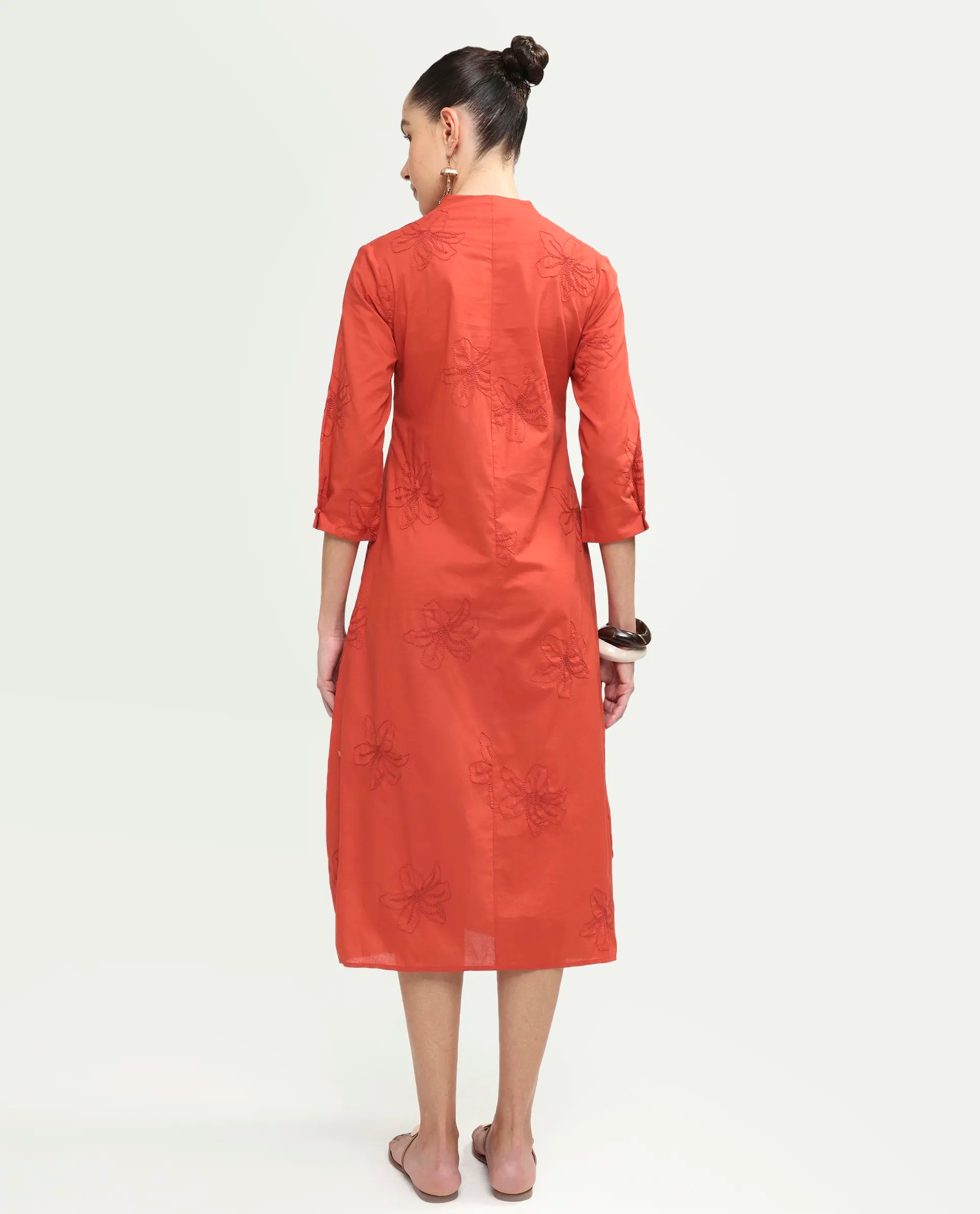 Rareism Women's Marky Rust Cotton Blend 3/4Th Sleeve V-Neck Relaxed Embroidered Dress