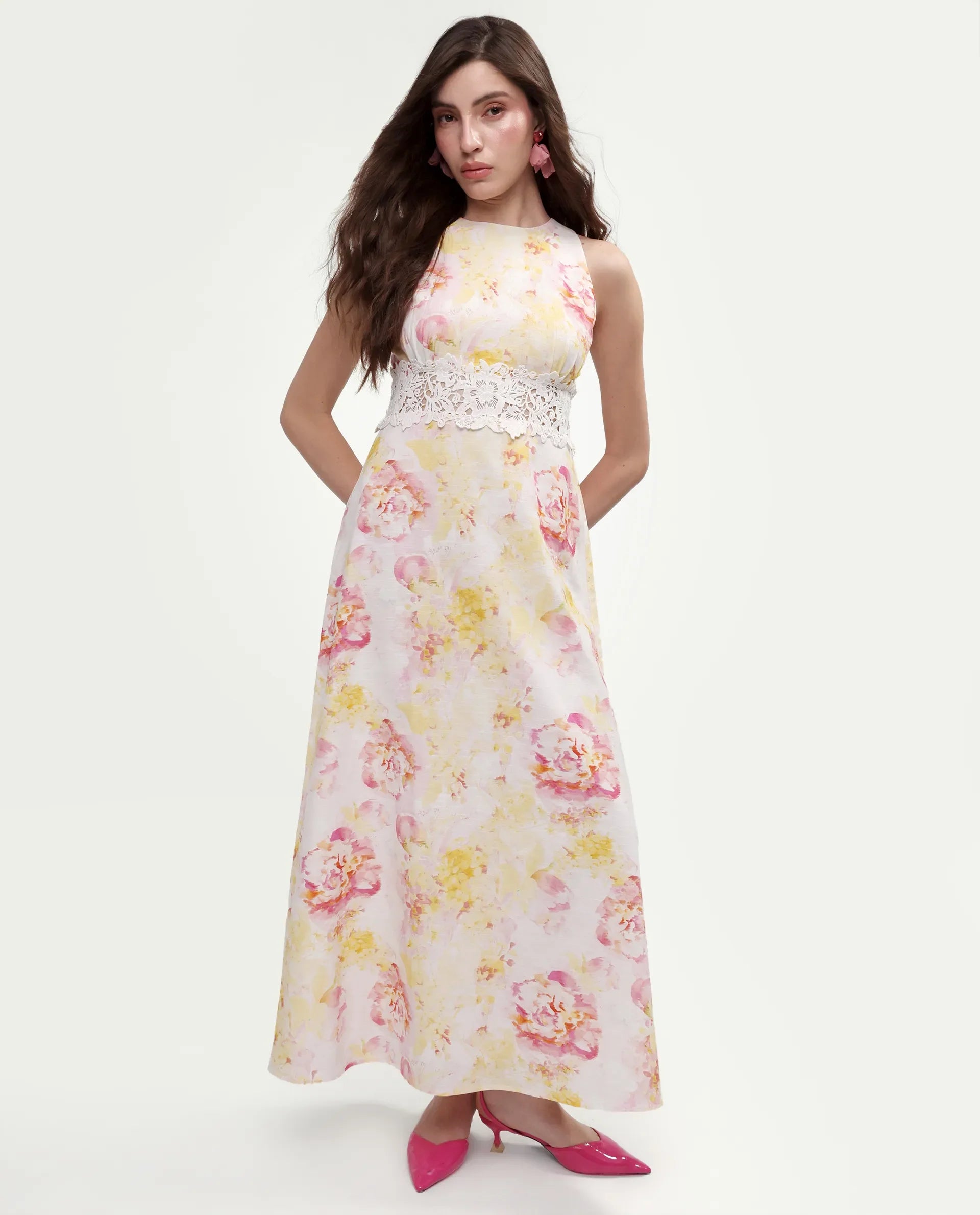 Rareism Women's Mavi Multi Cotton Blend Sleeveless Crew Neck A-Line Floral Print Dress