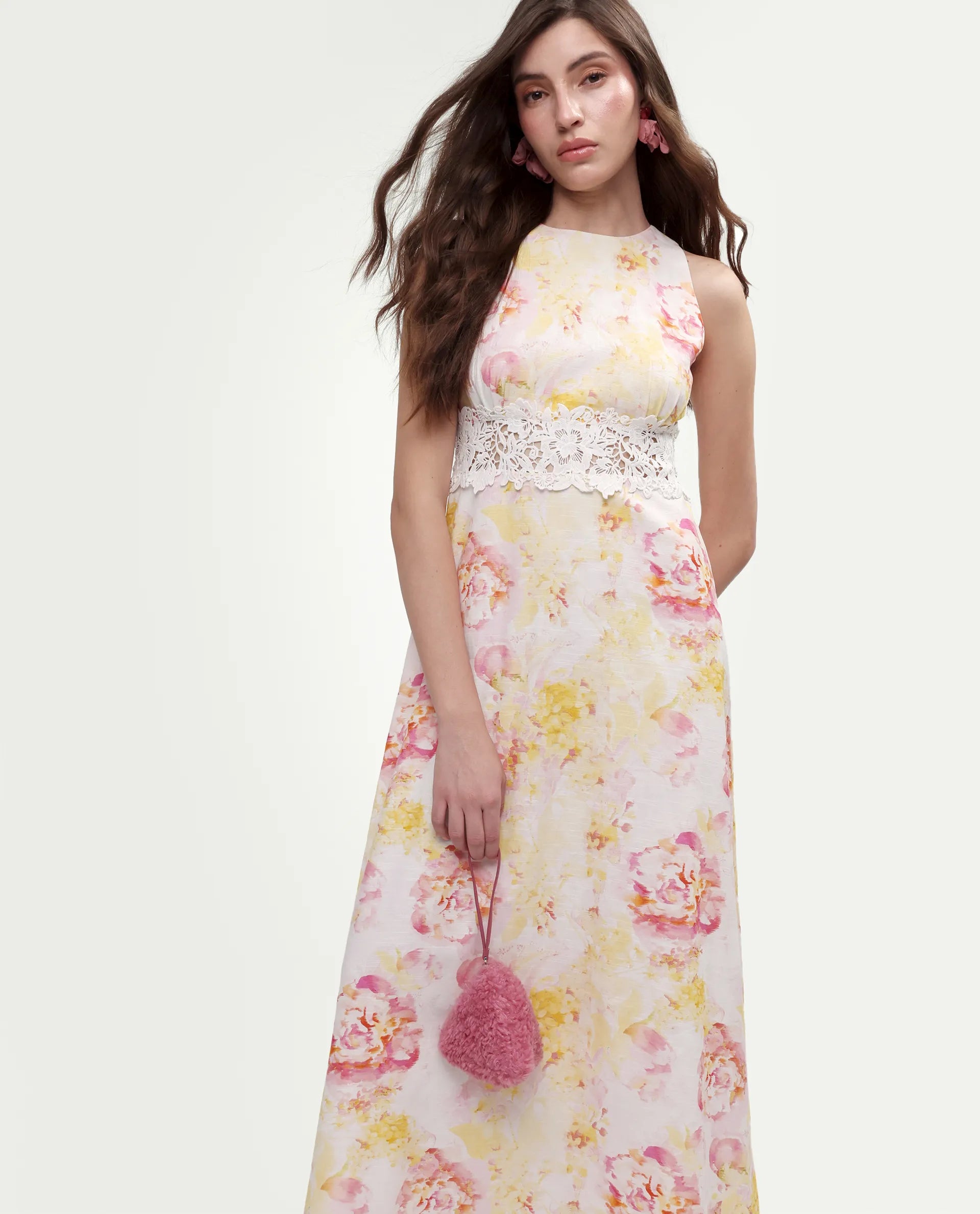 Rareism Women's Mavi Multi Cotton Blend Sleeveless Crew Neck A-Line Floral Print Dress